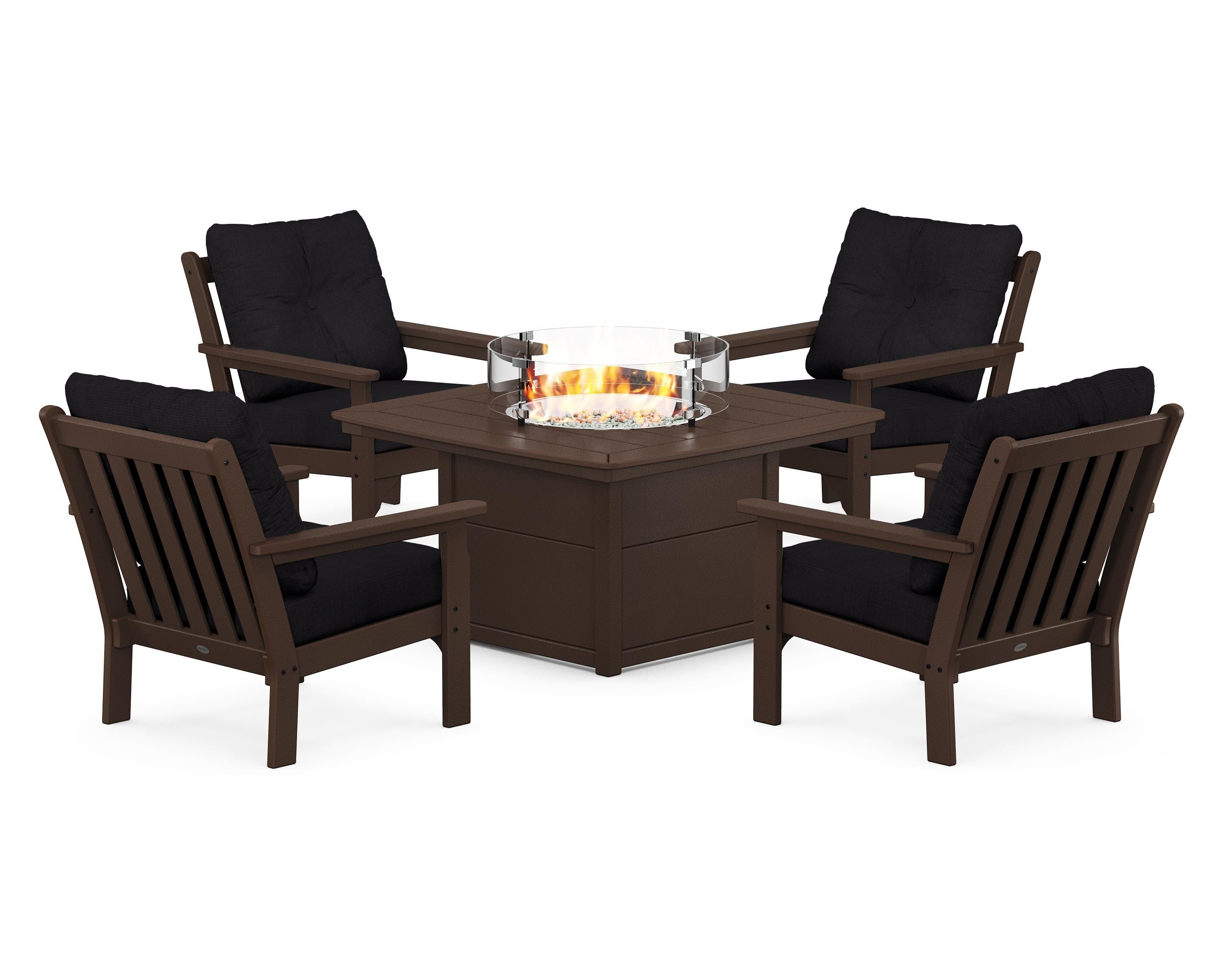 POLYWOOD Vineyard 5-Piece Conversation Set with Fire Pit Table in Mahogany / Midnight Linen