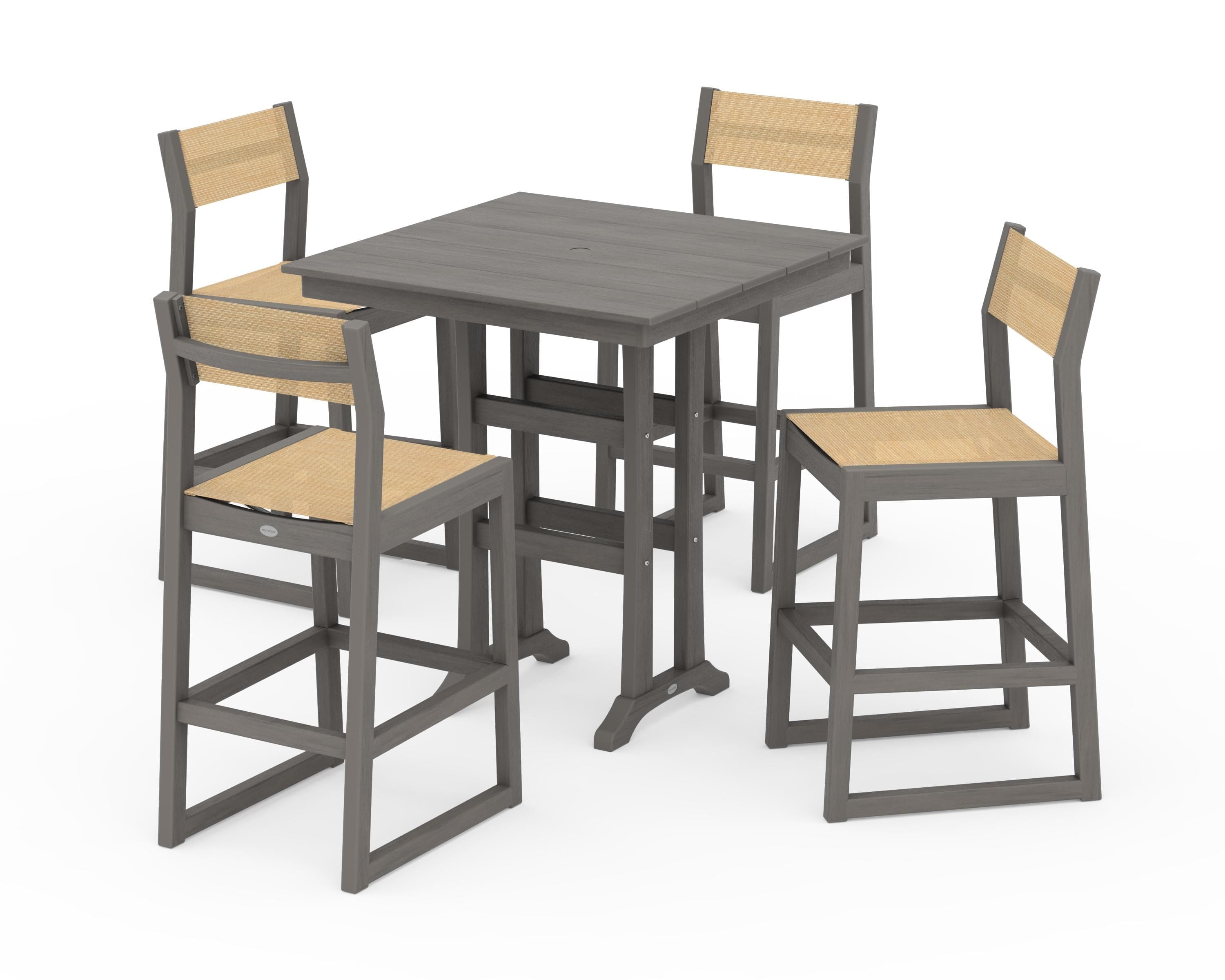 POLYWOOD EDGE Sling Arm Chair 5-Piece Farmhouse Bar Set with Trestle Legs in Driftwood / Dupioni Apricot Sling