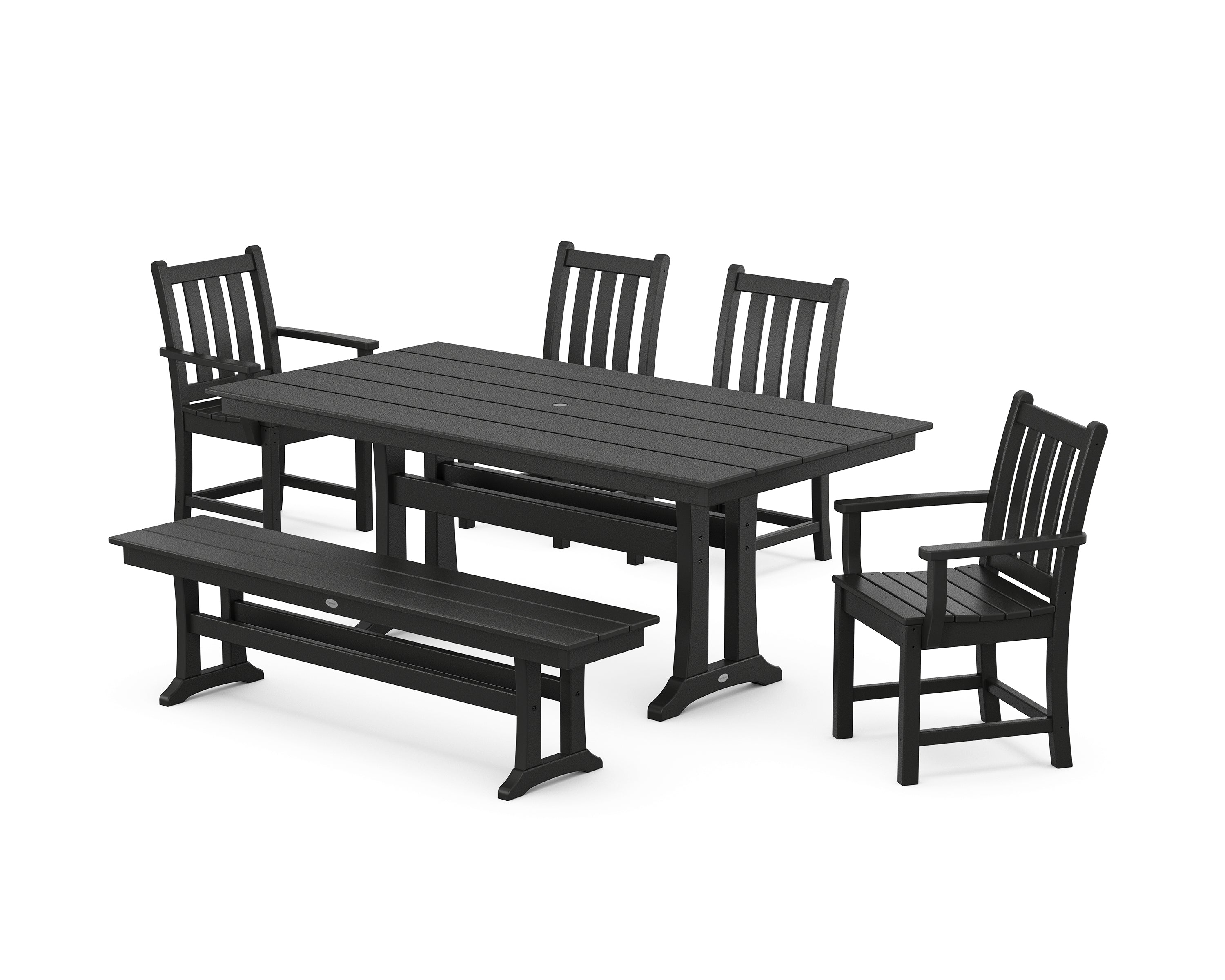 POLYWOOD Traditional Garden 6-Piece Farmhouse Dining Set with Trestle Legs and Bench in Black