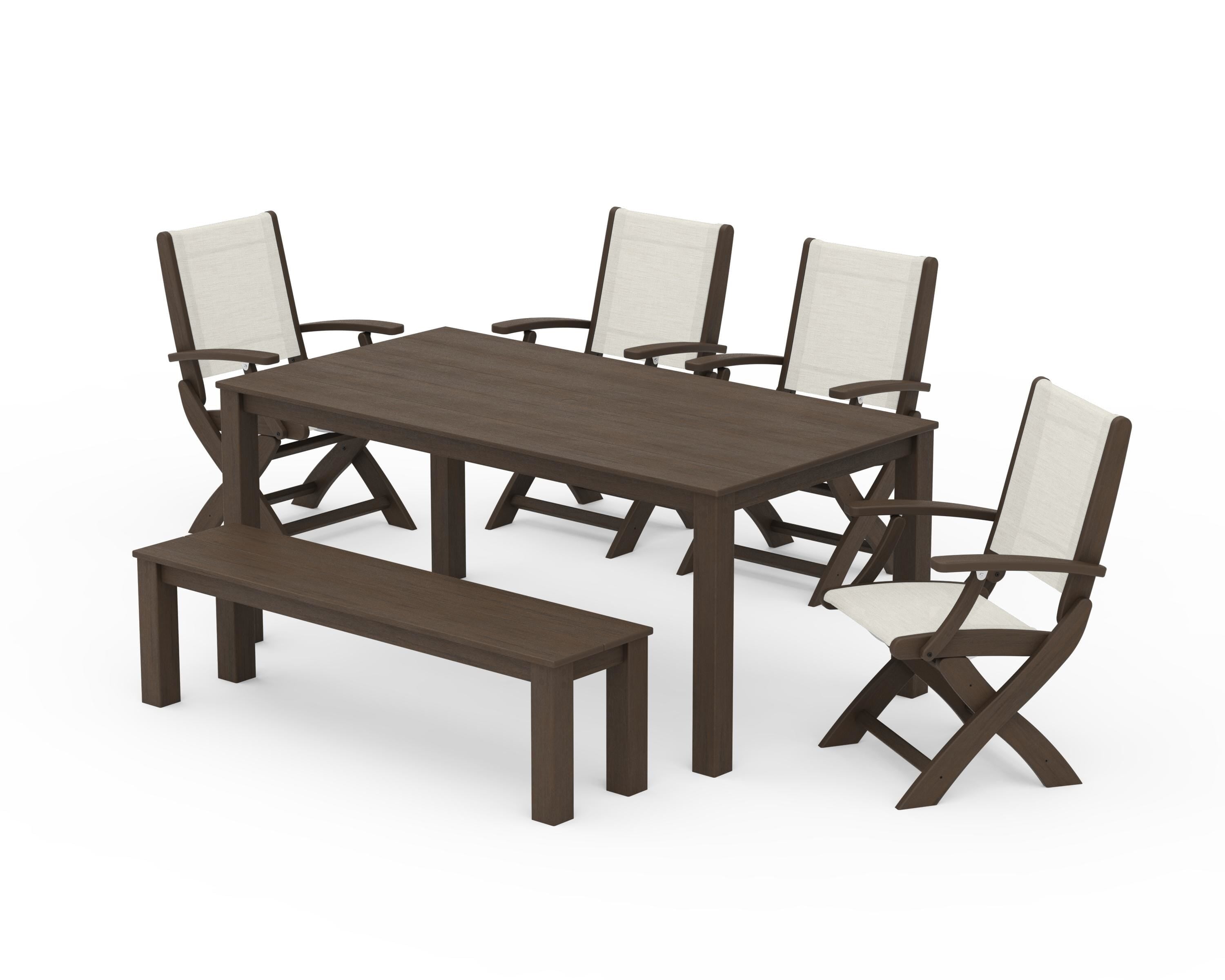 POLYWOOD Coastal Folding Chair 6-Piece Parsons Dining Set with Bench in Kona / Parchment Sling