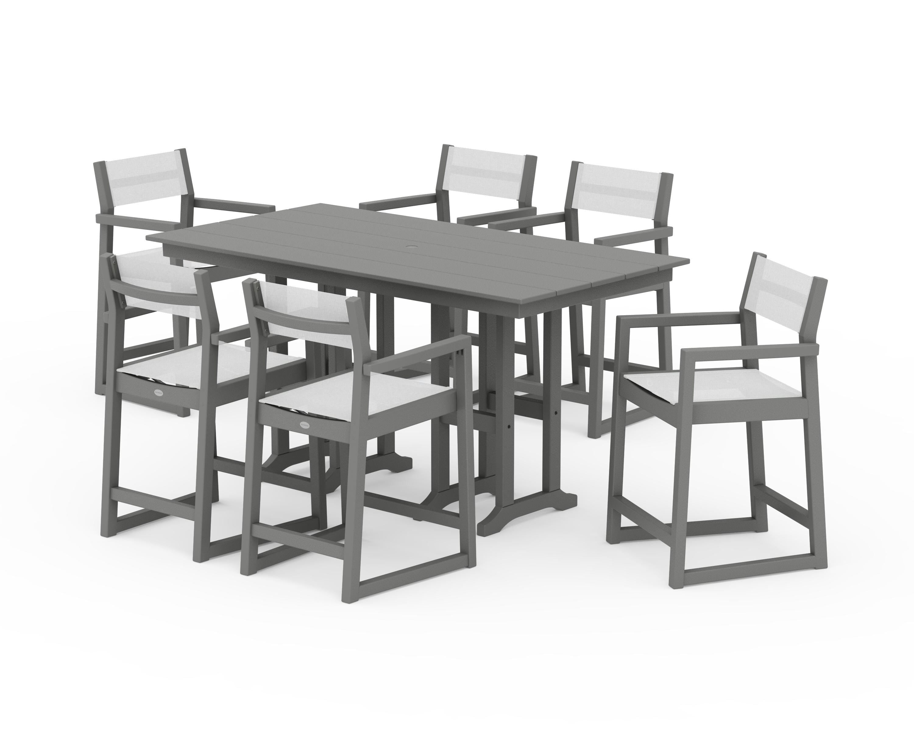 POLYWOOD EDGE Sling Arm Chair 7-Piece Farmhouse Counter Set in Slate Grey / White Sling
