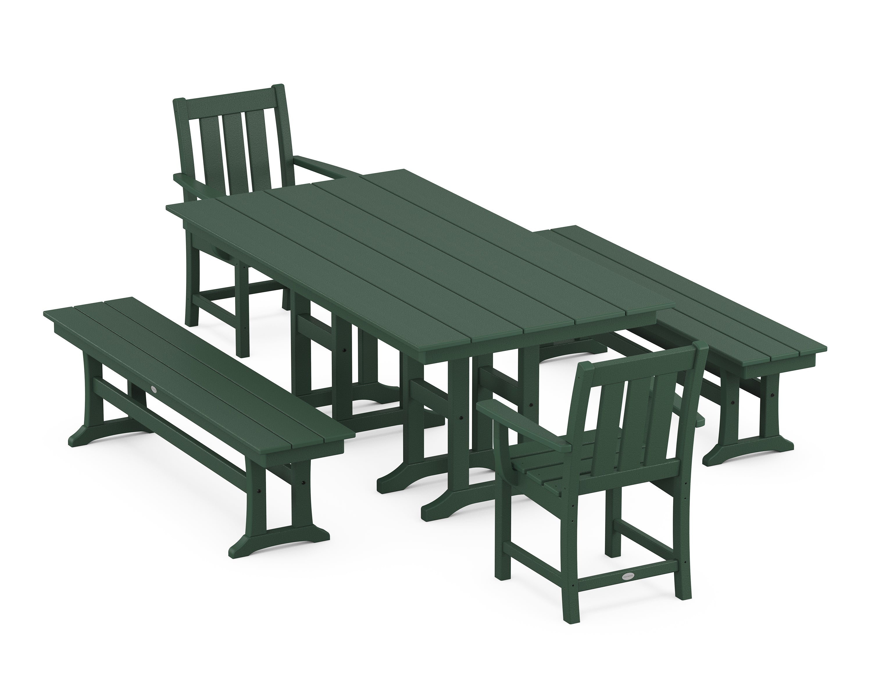 POLYWOOD® Oxford 5-Piece Farmhouse Dining Set with Benches in Green