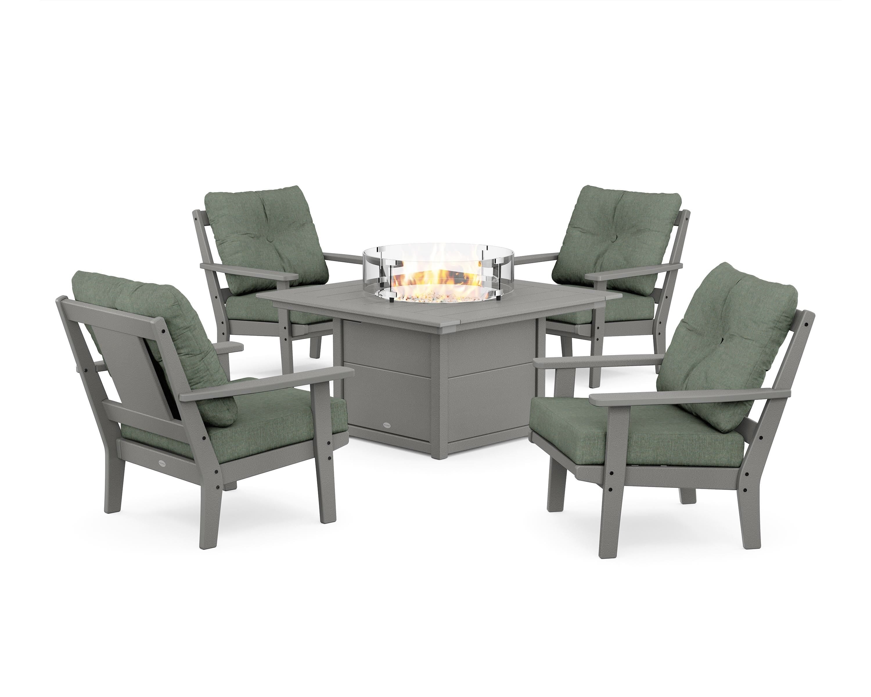 POLYWOOD Prairie 5-Piece Deep Seating Set with Fire Pit Table in Slate Grey / Cast Sage