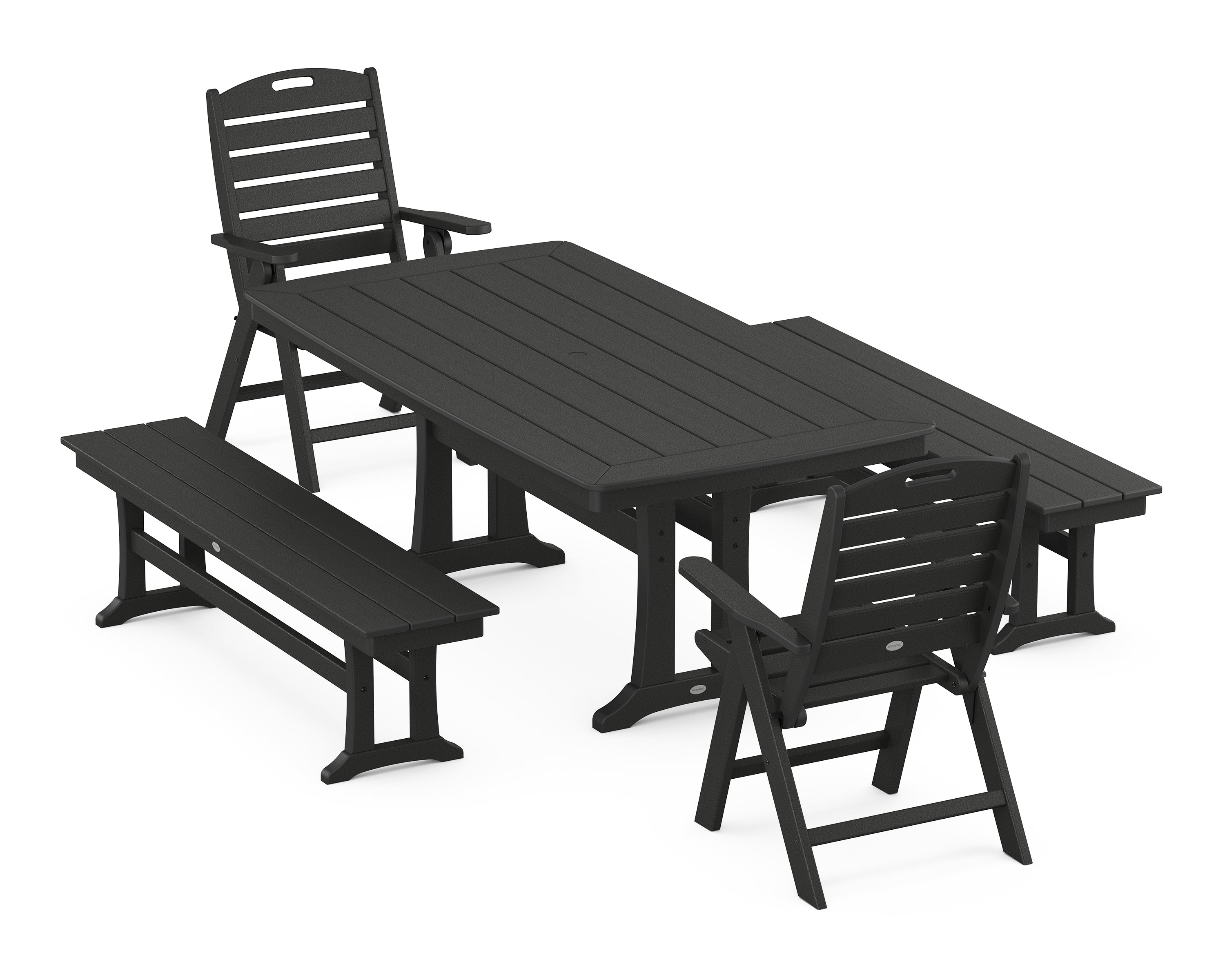 POLYWOOD Nautical Folding Highback Chair 5-Piece Dining Set with Trestle Legs and Benches in Black
