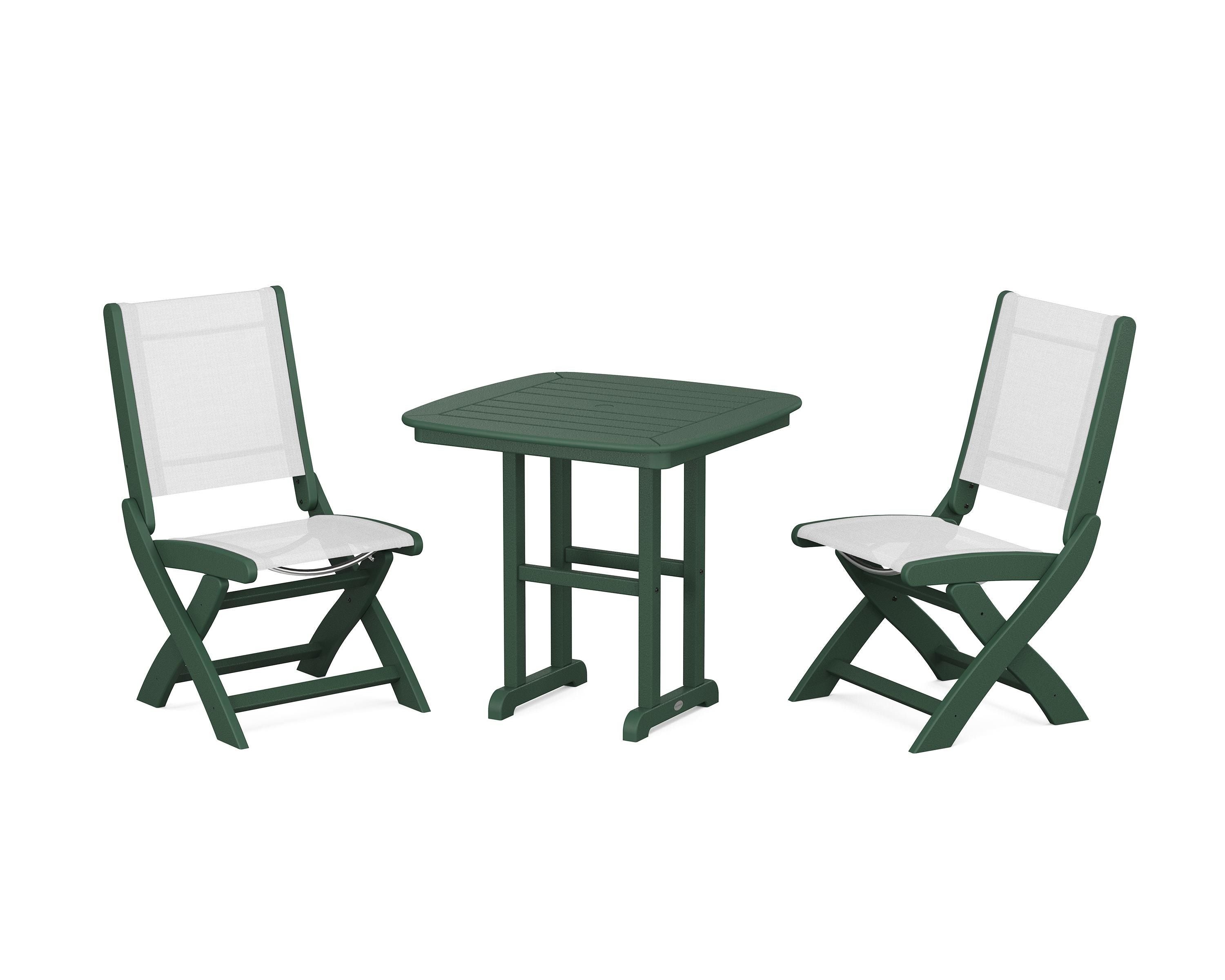 POLYWOOD Coastal Folding Side Chair 3-Piece Dining Set in Green / White Sling