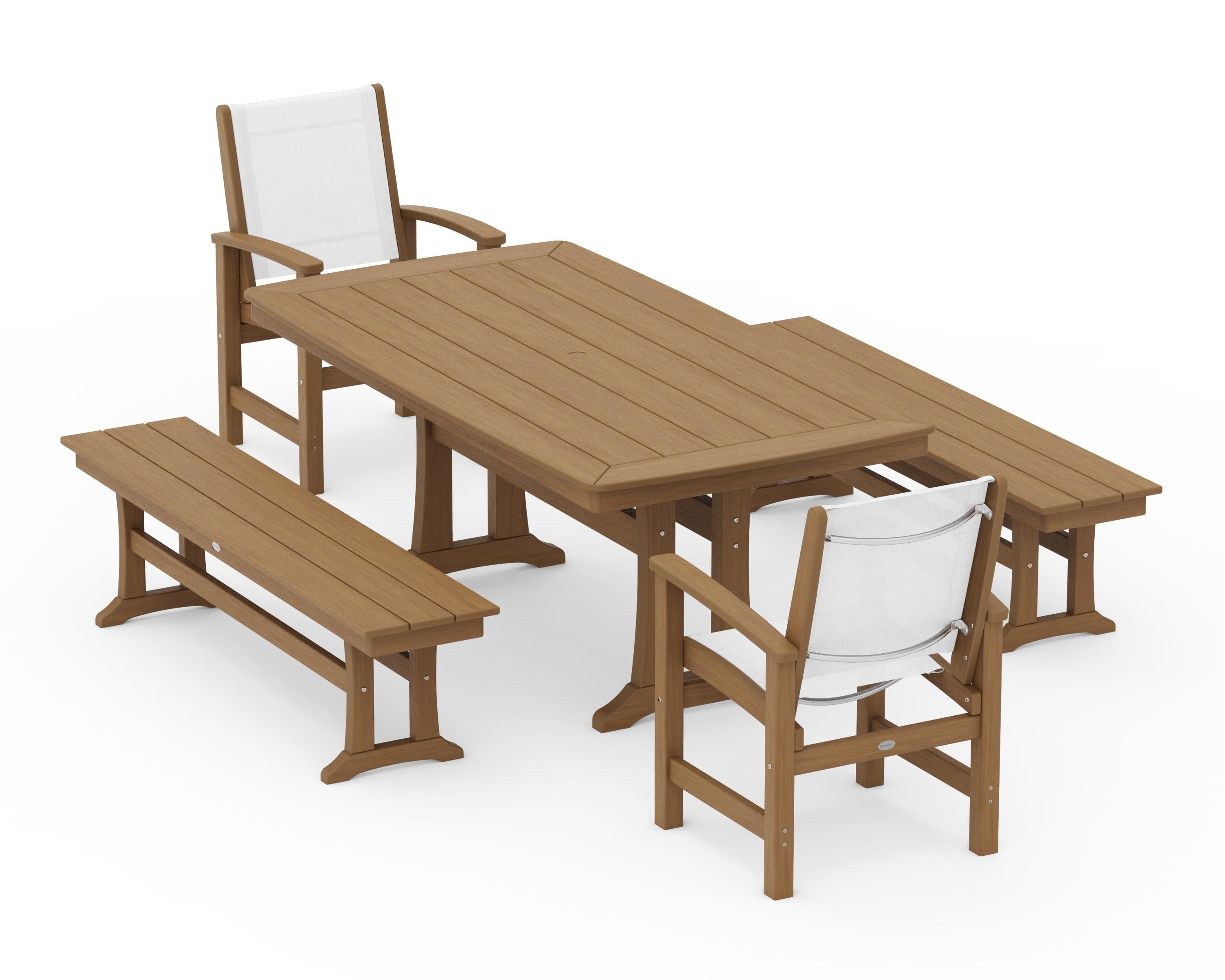 POLYWOOD Coastal 5-Piece Dining Set with Trestle Legs and Benches in Natural / White Sling