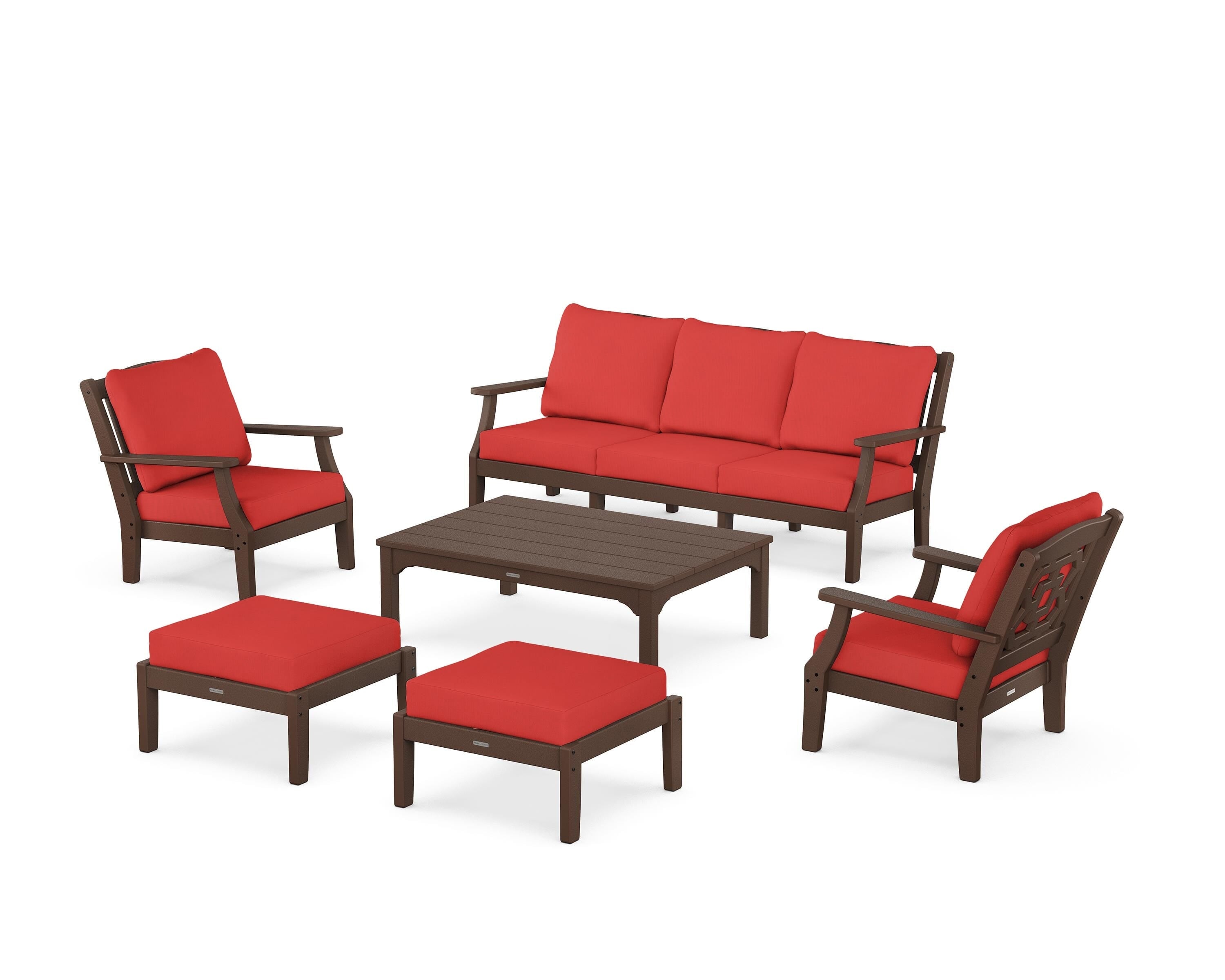 Martha Stewart by POLYWOOD Chinoiserie 6-Piece Lounge Sofa Set in Mahogany / Crimson Linen