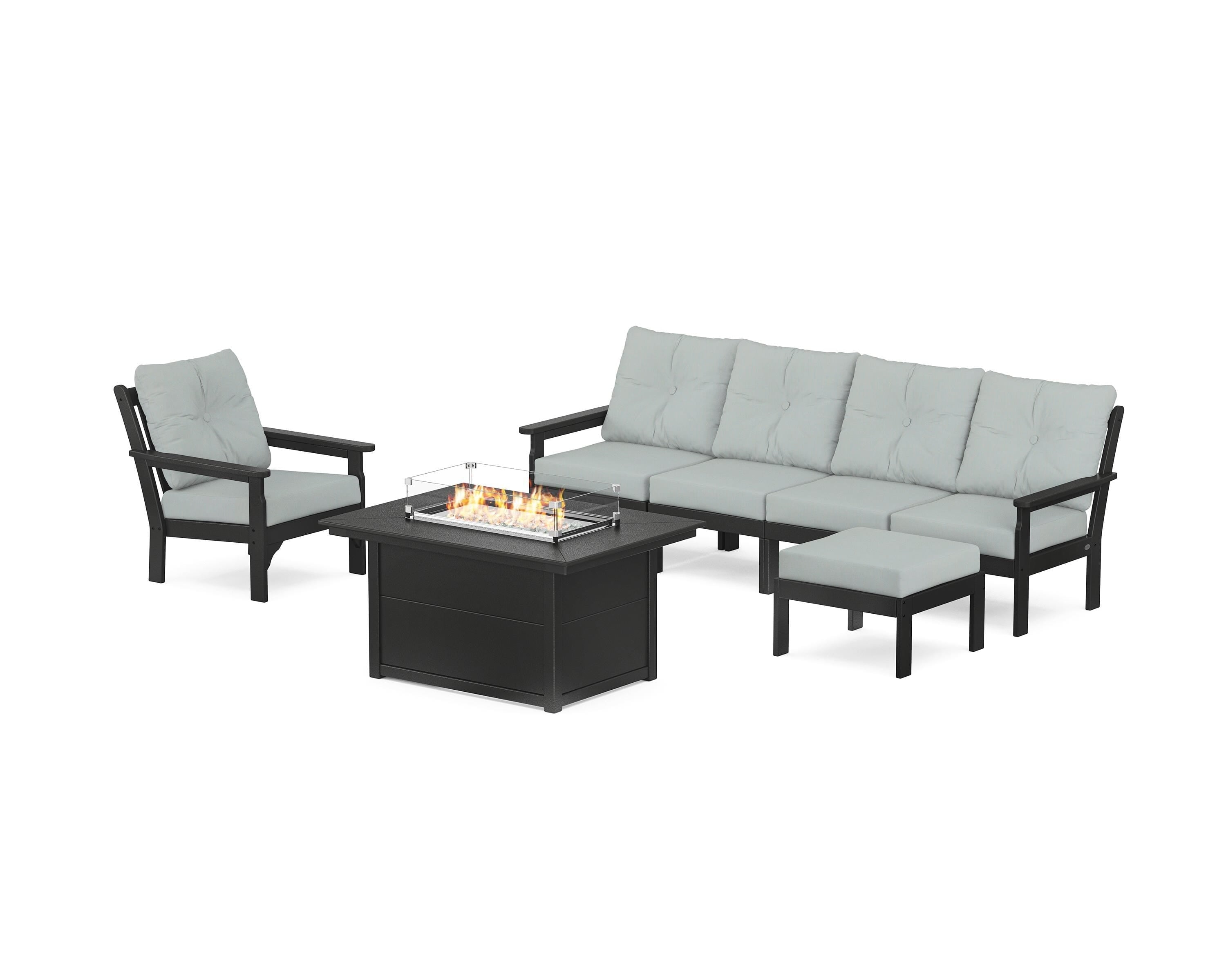 POLYWOOD Vineyard Sectional Lounge and Fire Pit Set in Black / Spa