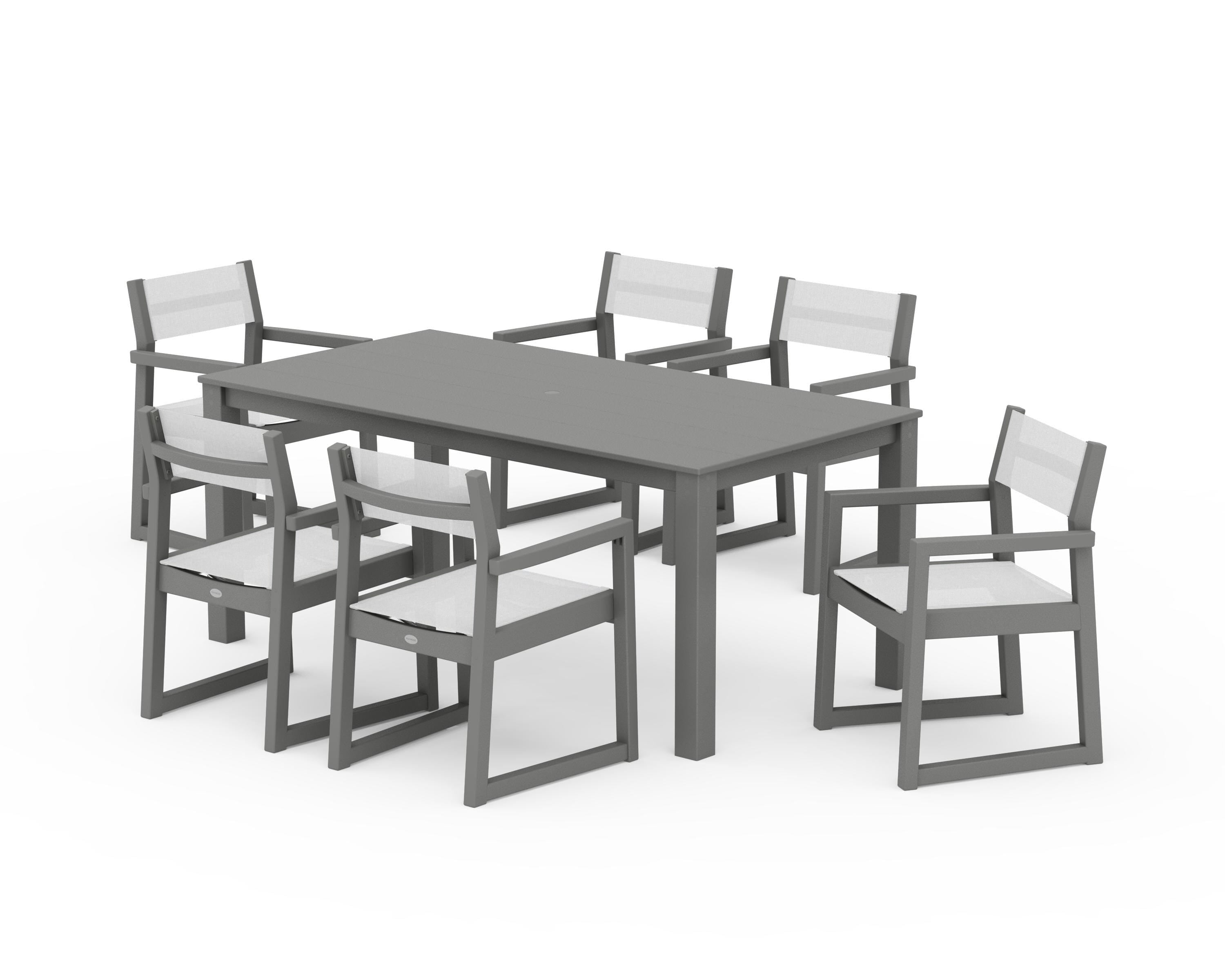 POLYWOOD EDGE Sling Arm Chair 7-Piece Parsons Dining Set in Slate Grey / White Sling