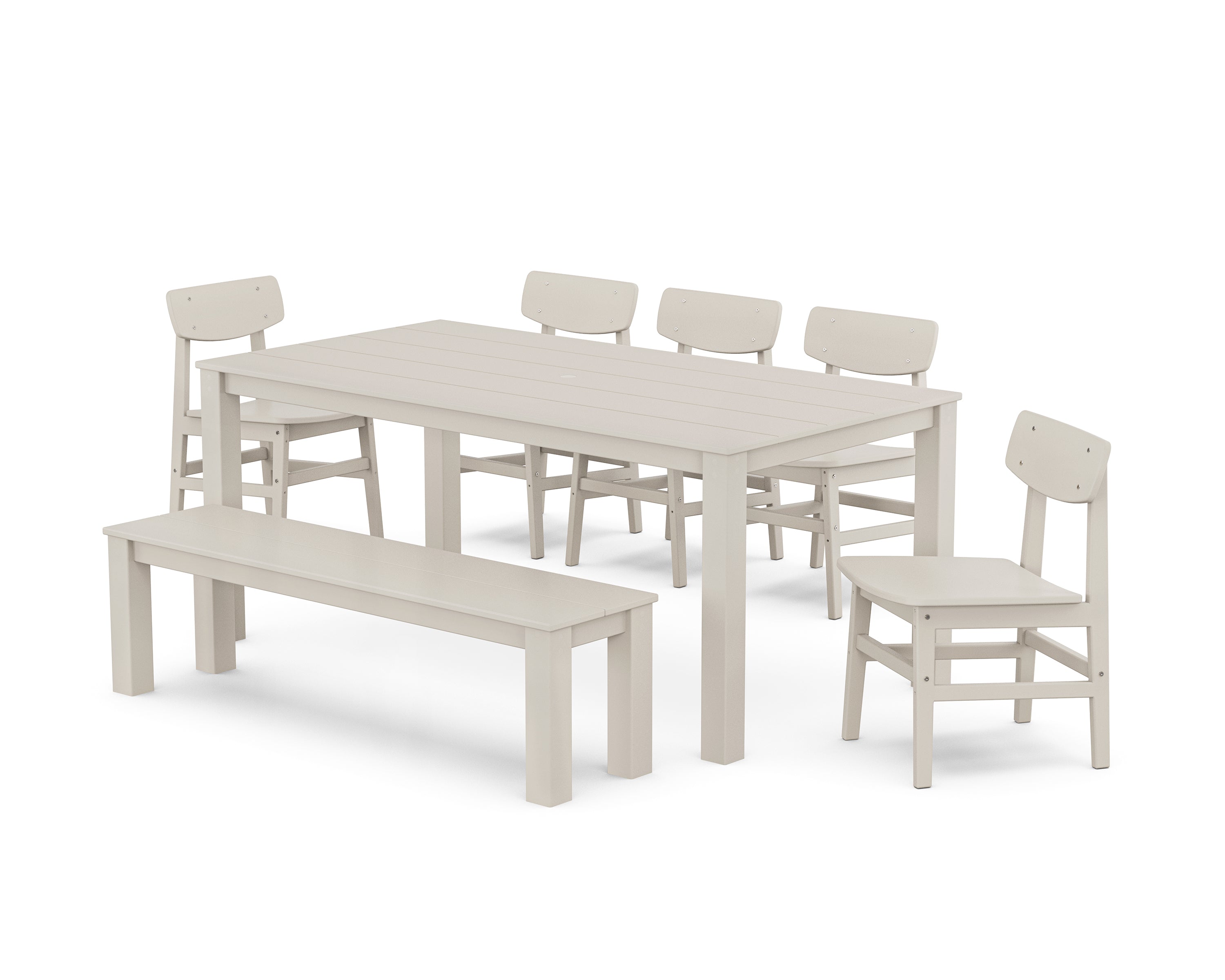 POLYWOOD Modern Studio Urban Chair 7-Piece Parsons Dining Set with Bench in Sand