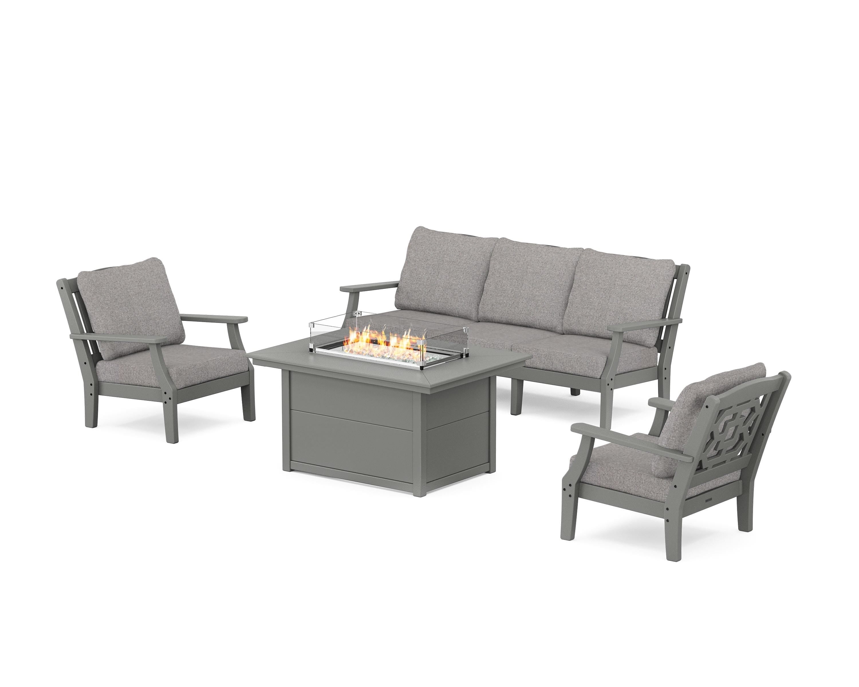 Martha Stewart by POLYWOOD Chinoiserie Deep Seating Fire Pit Table Set in Slate Grey / Grey Mist
