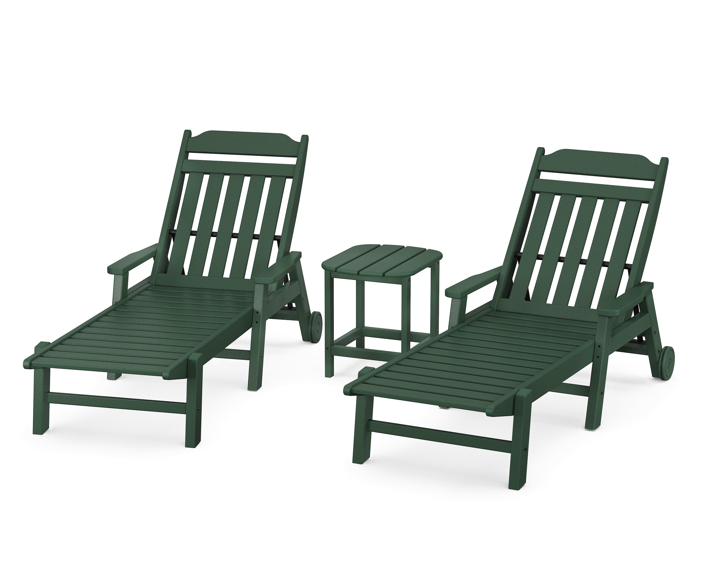 Country Living Cottage 3-Piece Chaise Set with Arms and Wheels in Green