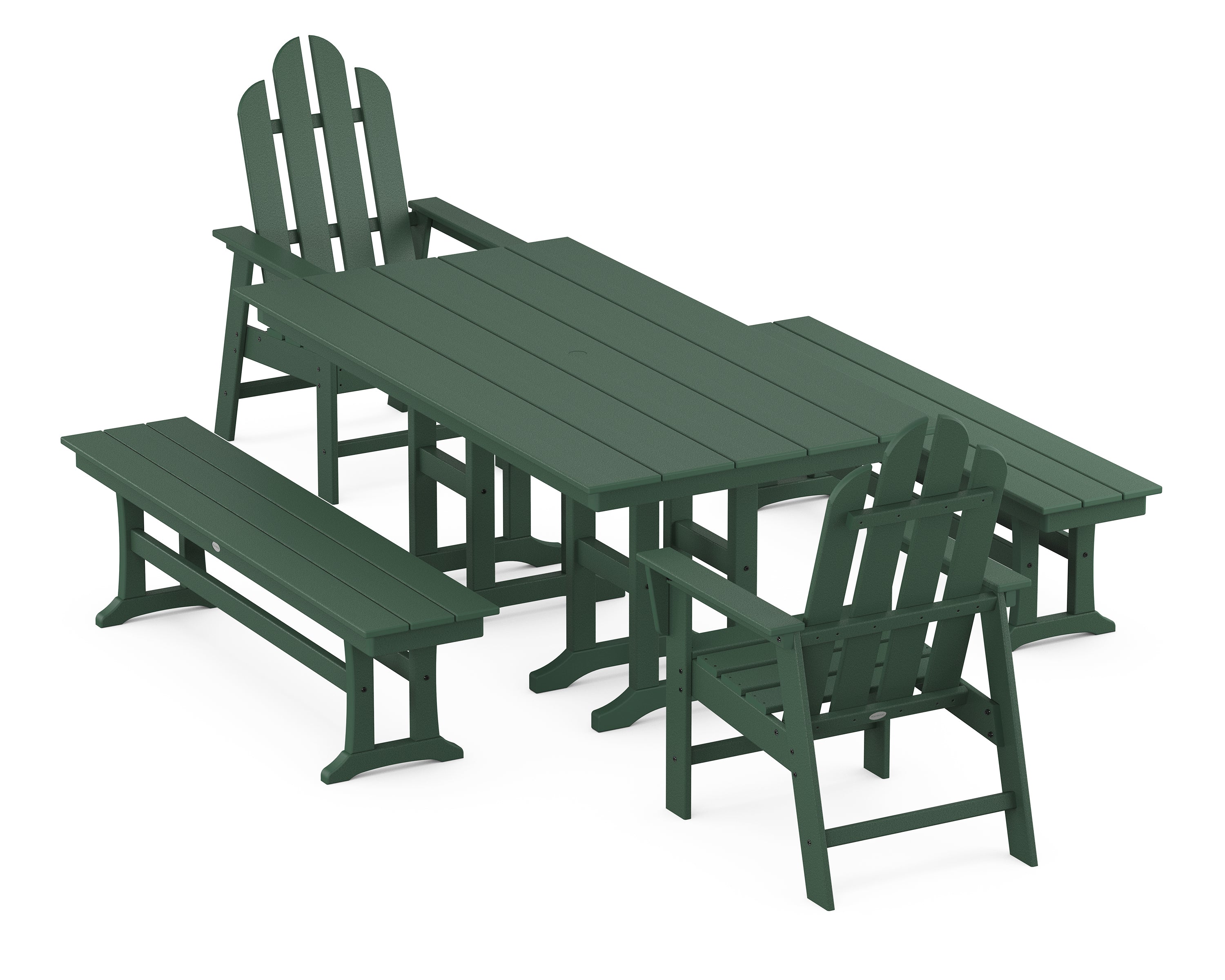 POLYWOOD® Long Island 5-Piece Farmhouse Dining Set with Benches in Green