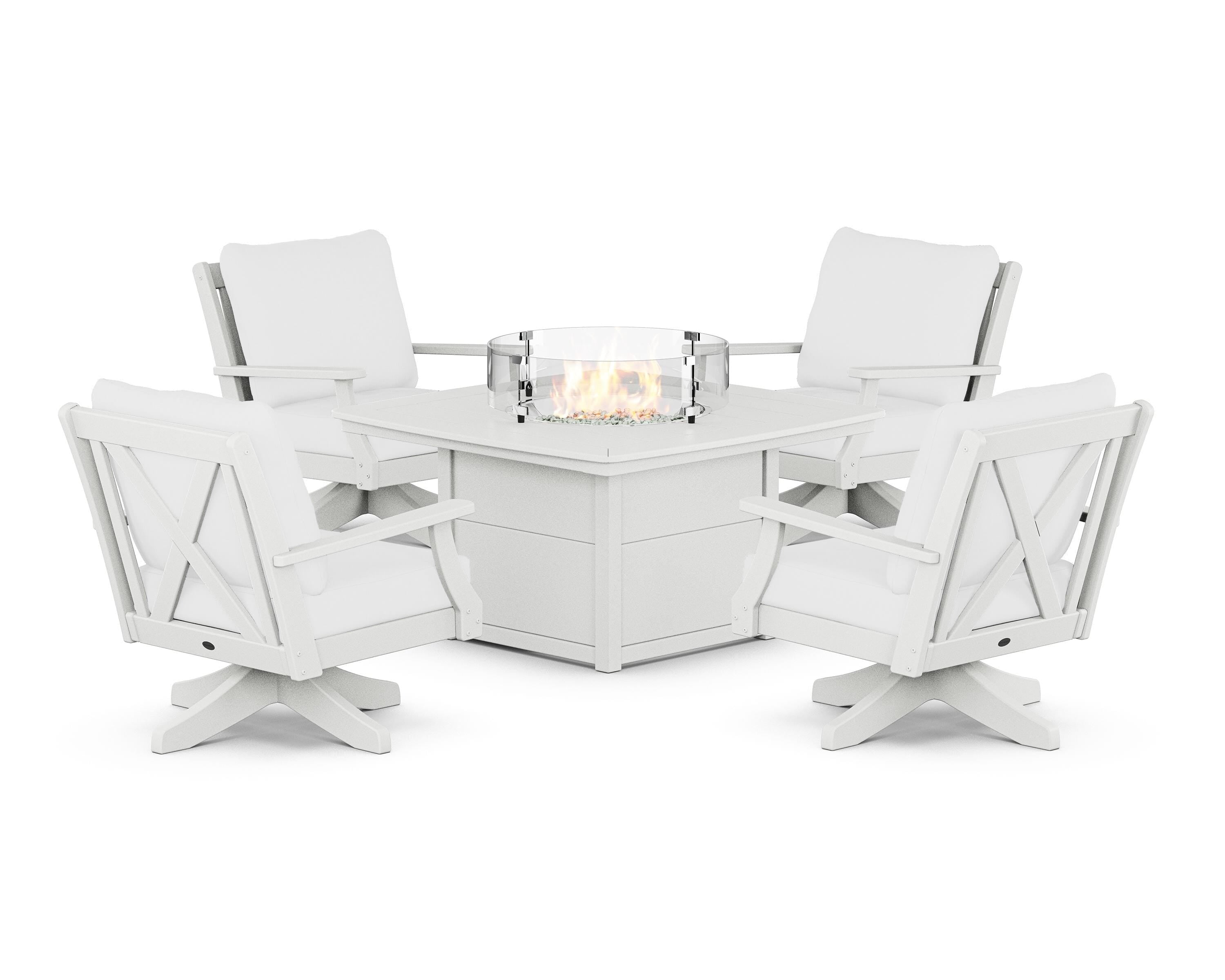 POLYWOOD Braxton 5-Piece Deep Seating Swivel Conversation Set with Fire Pit Table in White / Natural