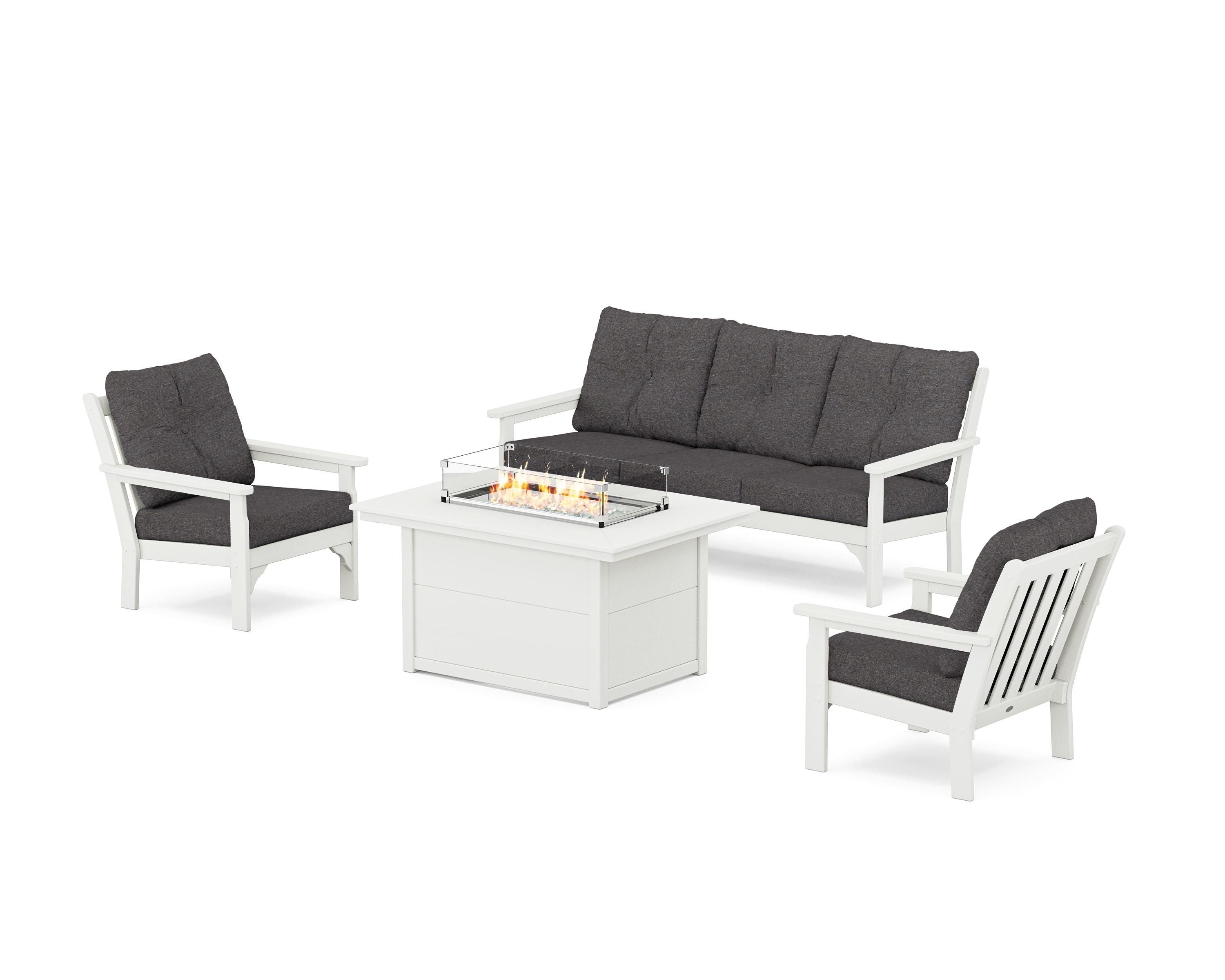 POLYWOOD Vineyard Deep Seating Fire Pit Table Set in Vintage White / Ash Charcoal