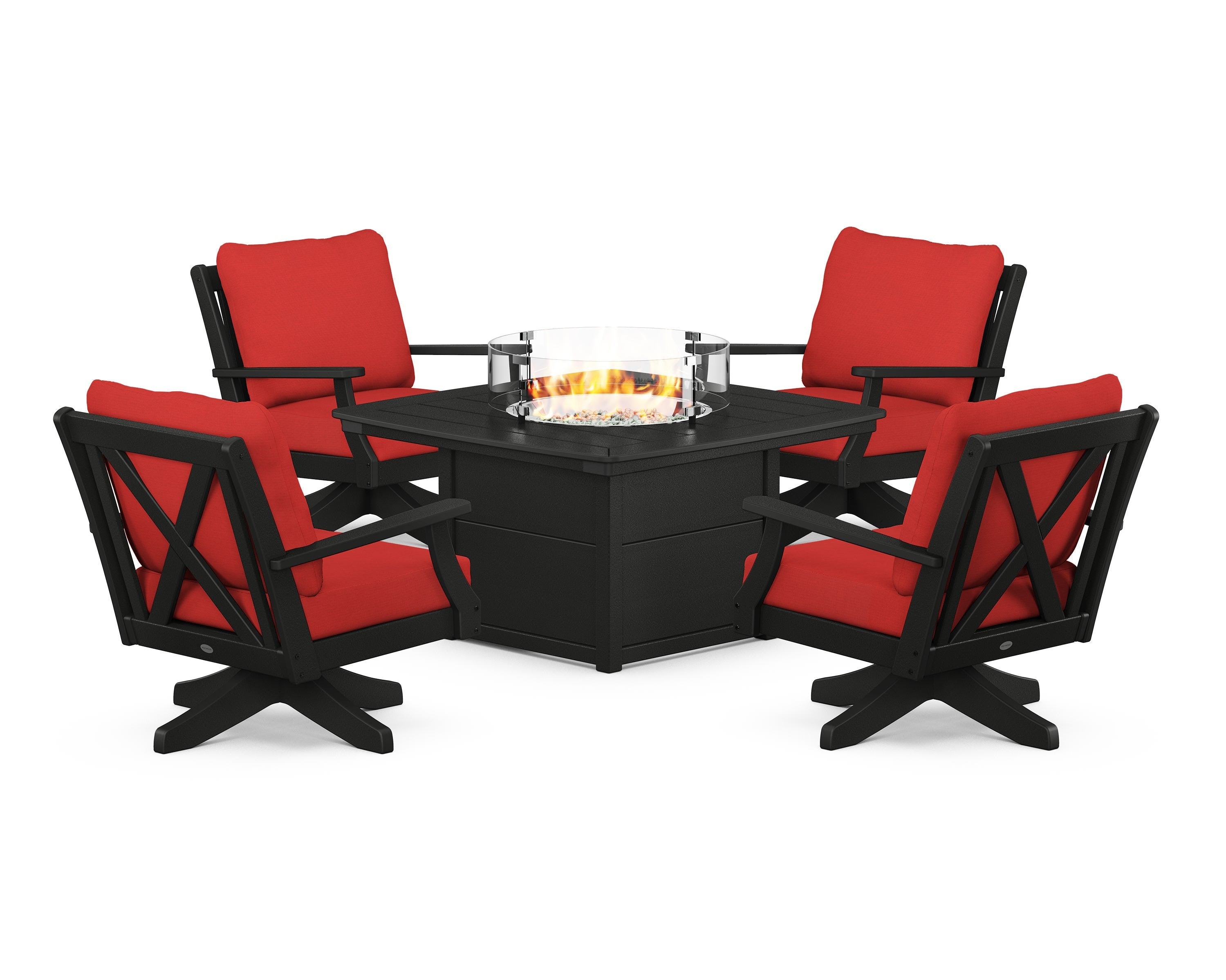 POLYWOOD Braxton 5-Piece Deep Seating Swivel Conversation Set with Fire Pit Table in Black / Crimson Linen
