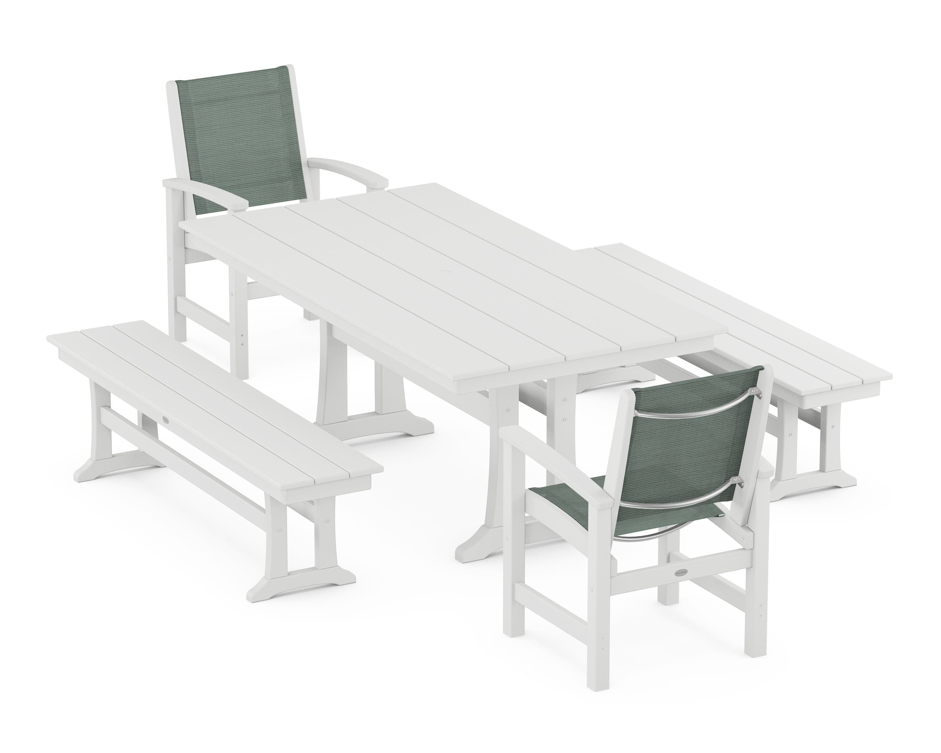 POLYWOOD Coastal 5-Piece Farmhouse Dining Set with Trestle Legs and Benches in White / Dupioni Sea Mist Sling