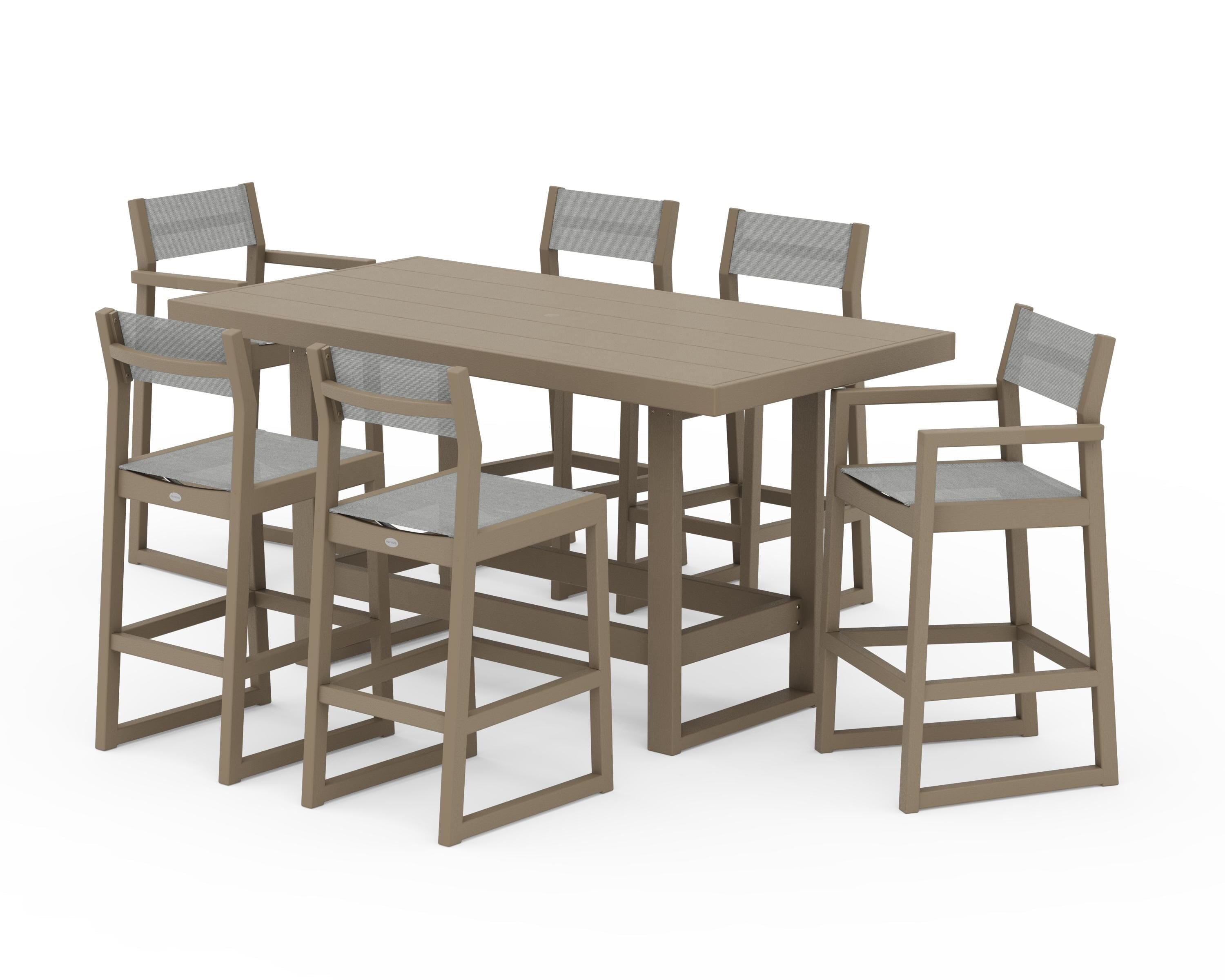 POLYWOOD EDGE Sling 7-Piece Bar Table Set in Vintage Sahara / Metallic Sling