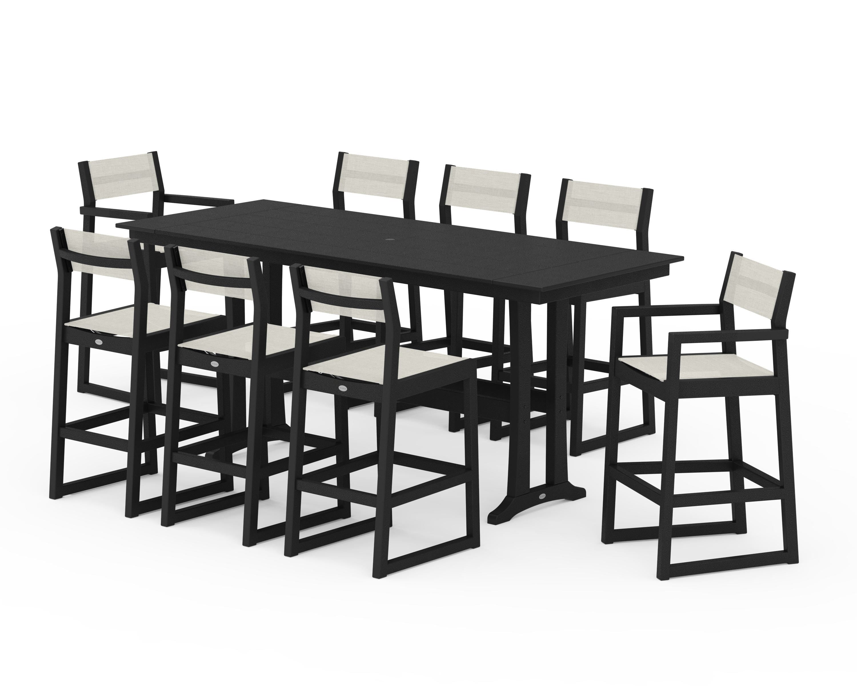 POLYWOOD EDGE Sling 9-Piece Farmhouse Bar Set with Trestle Legs in Black / Parchment Sling