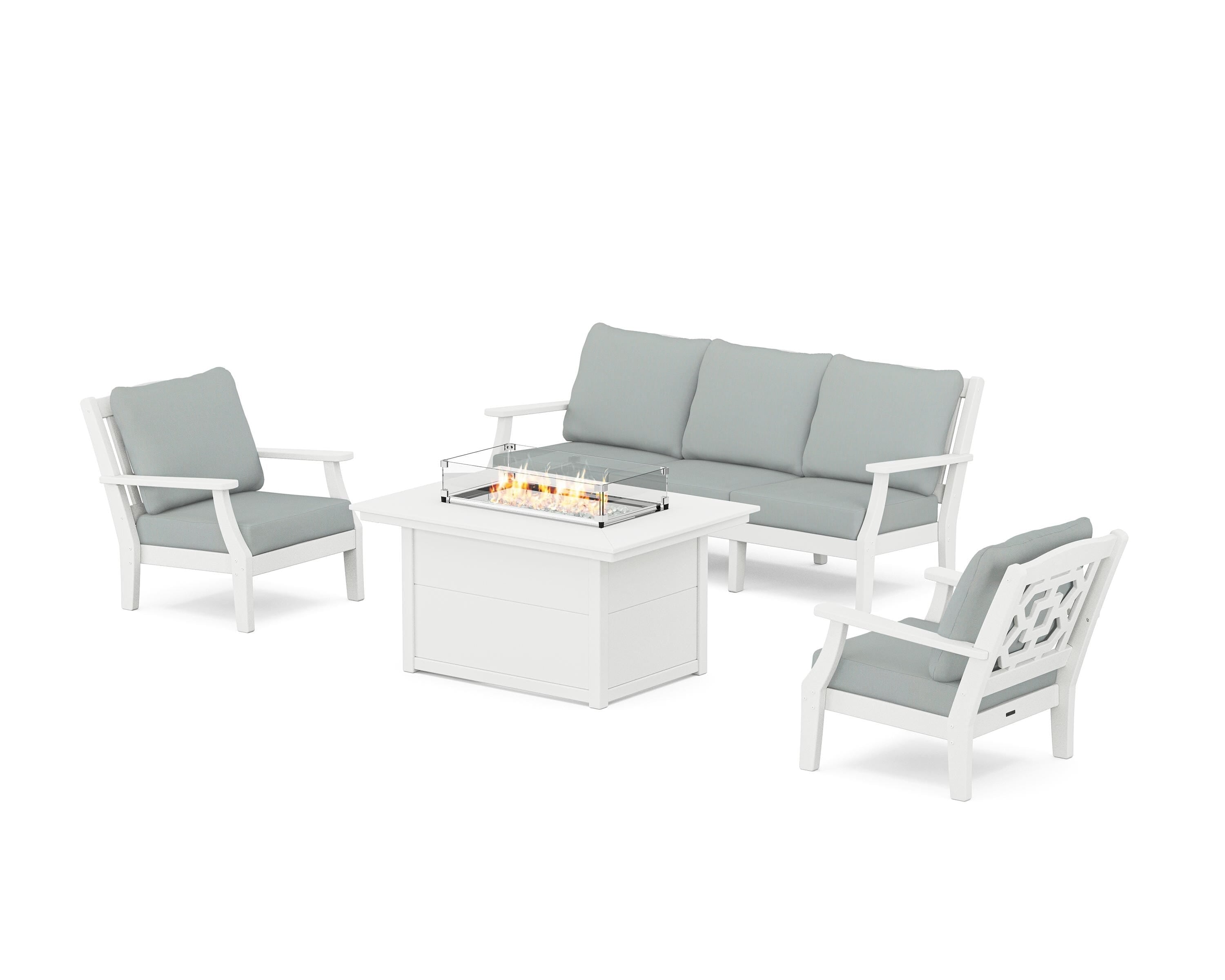 Martha Stewart by POLYWOOD Chinoiserie Deep Seating Fire Pit Table Set in White / Spa
