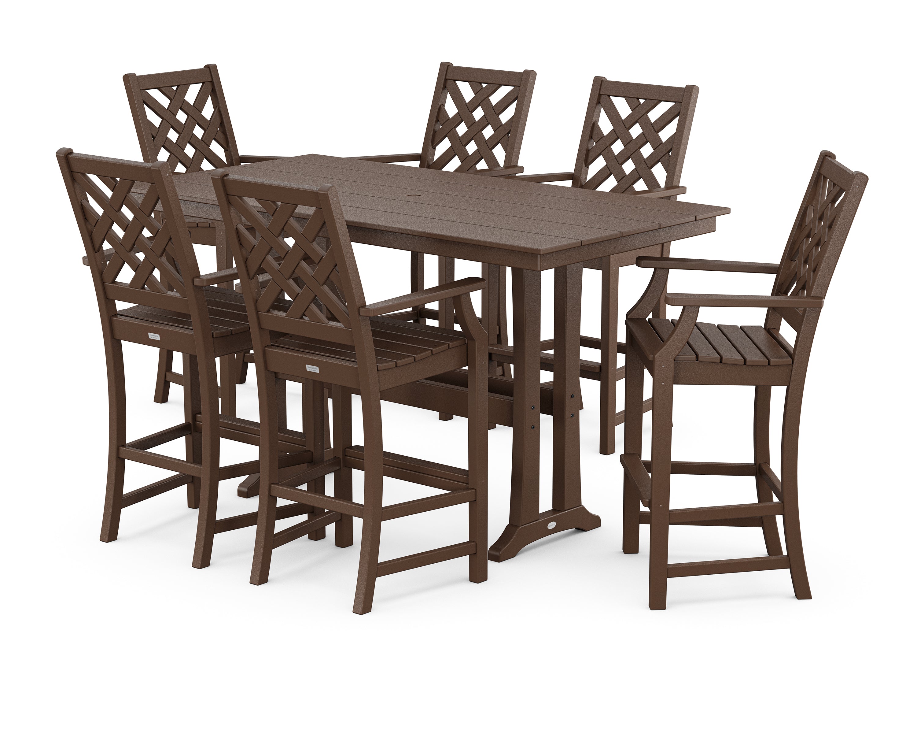 Country Living Wovendale Arm Chair 7-Piece Farmhouse Bar Set with Trestle Legs in Mahogany