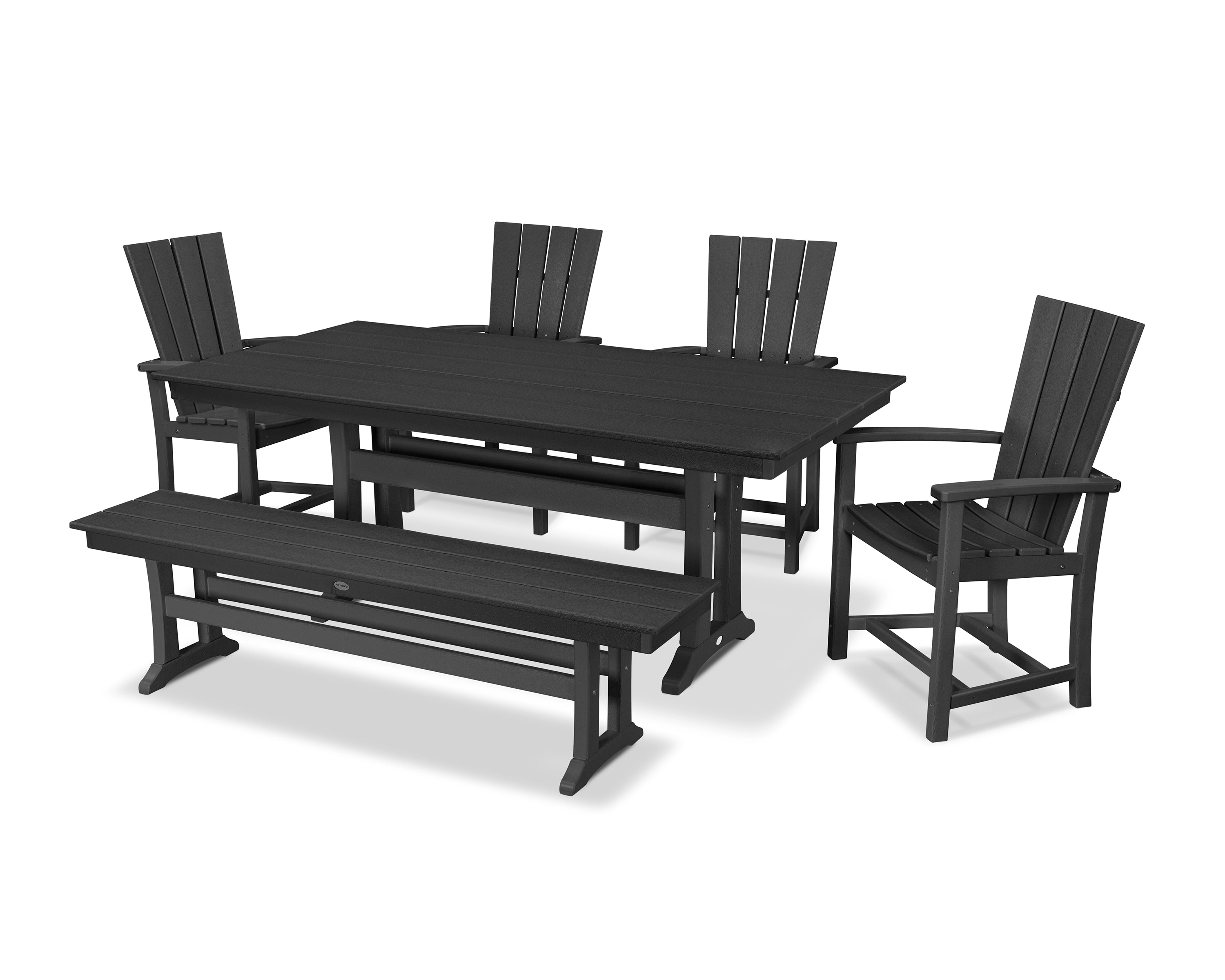 POLYWOOD Quattro 6-Piece Farmhouse Dining Set with Trestle Legs and Bench in Black