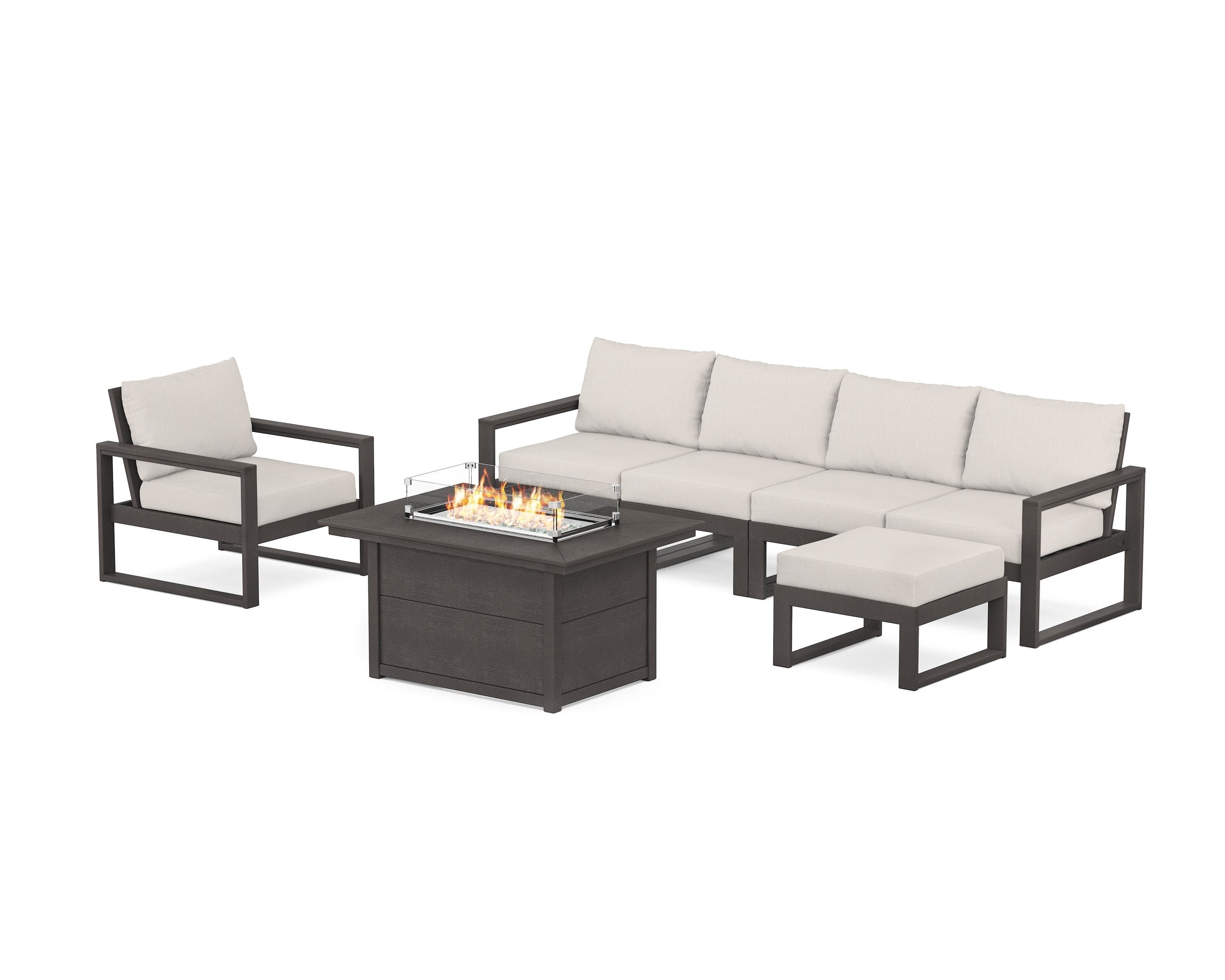 POLYWOOD EDGE Sectional Lounge and Fire Pit Set in Vintage Coffee / Cast Ash