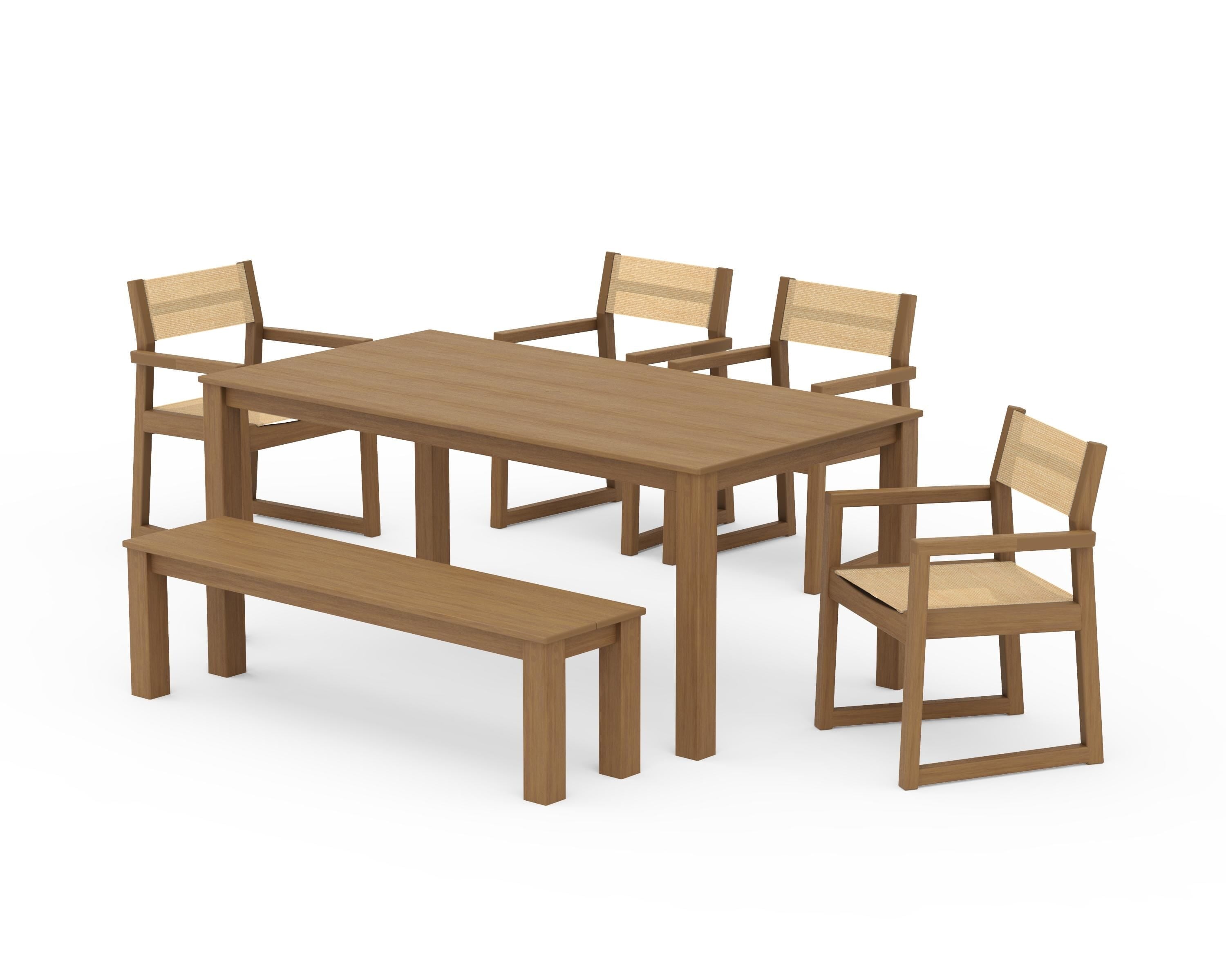 POLYWOOD EDGE Sling Arm Chair 6-Piece Parsons Dining Set with Bench in Natural / Dupioni Apricot Sling