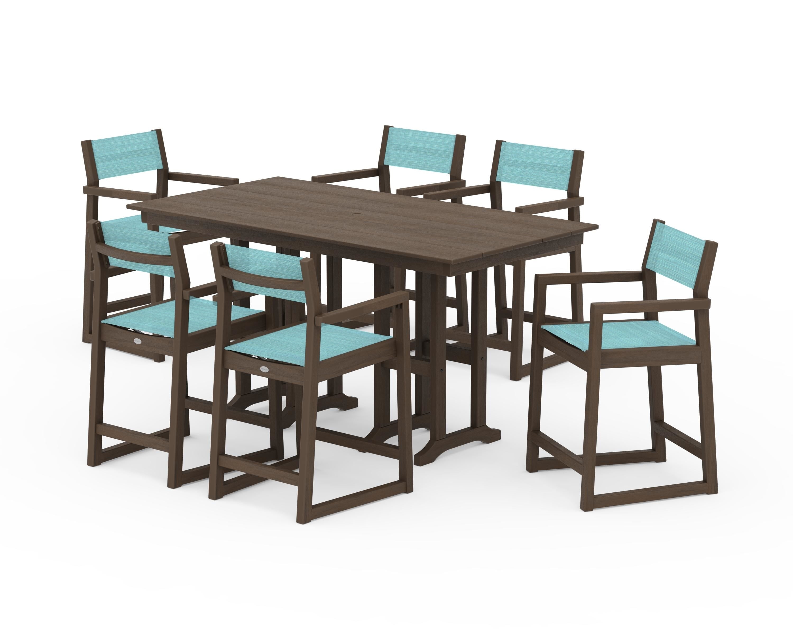 POLYWOOD EDGE Sling Arm Chair 7-Piece Farmhouse Counter Set in Kona / Dupioni Aquamarine Sling
