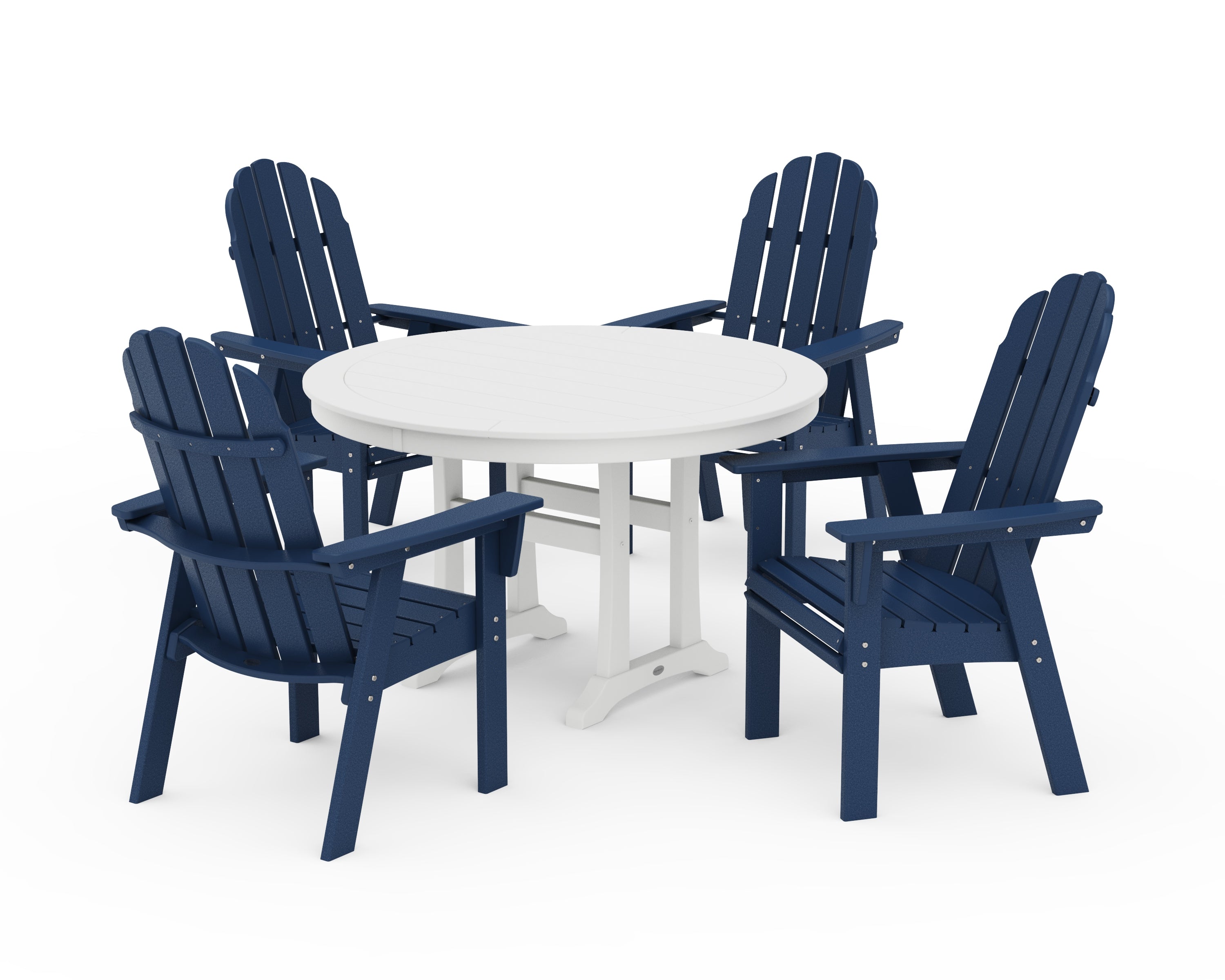 POLYWOOD Vineyard Curveback Adirondack 5-Piece Nautical Trestle Dining Set in Navy / White
