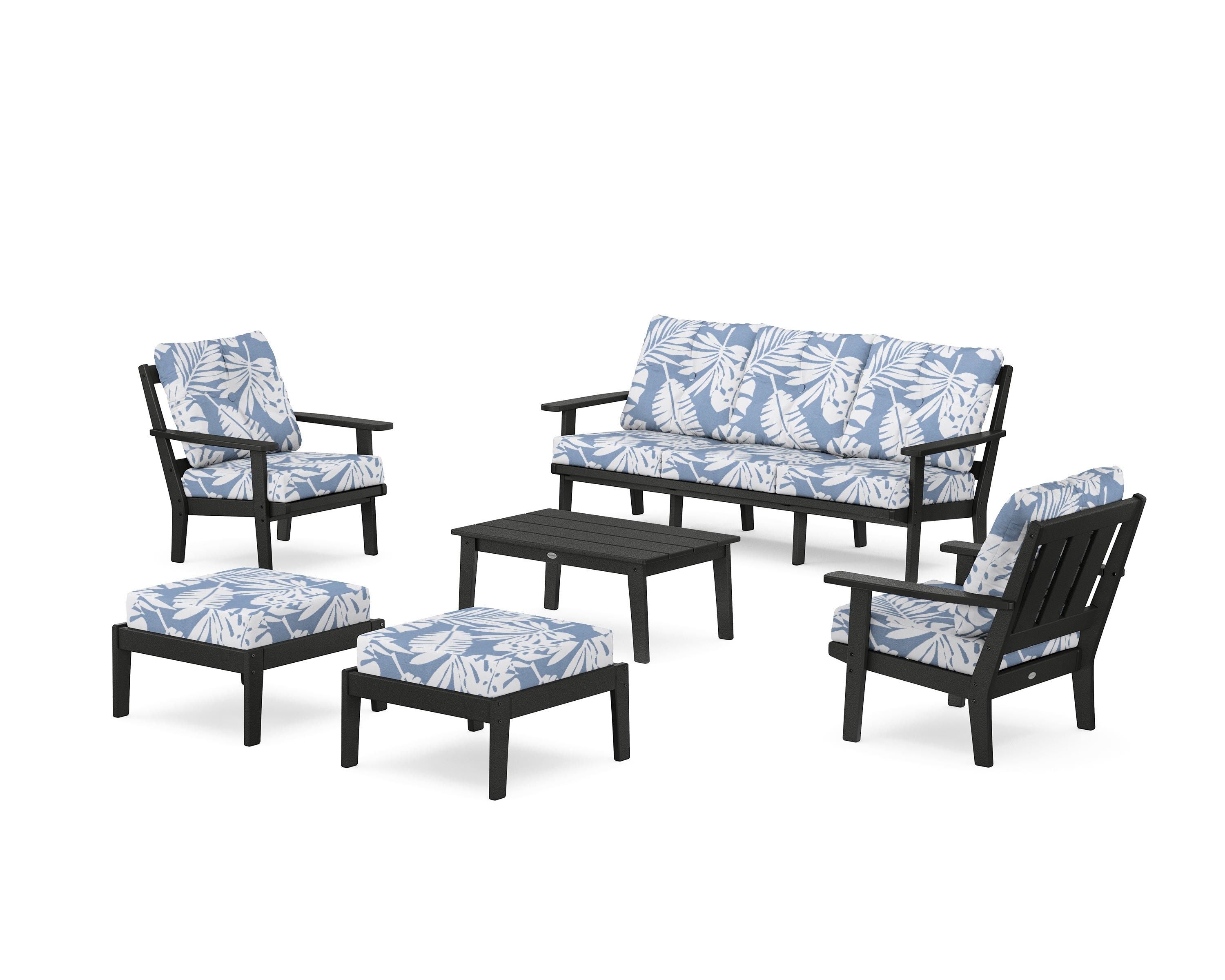 POLYWOOD Oxford 6-Piece Lounge Sofa Set in Black / Leaf Sky Blue