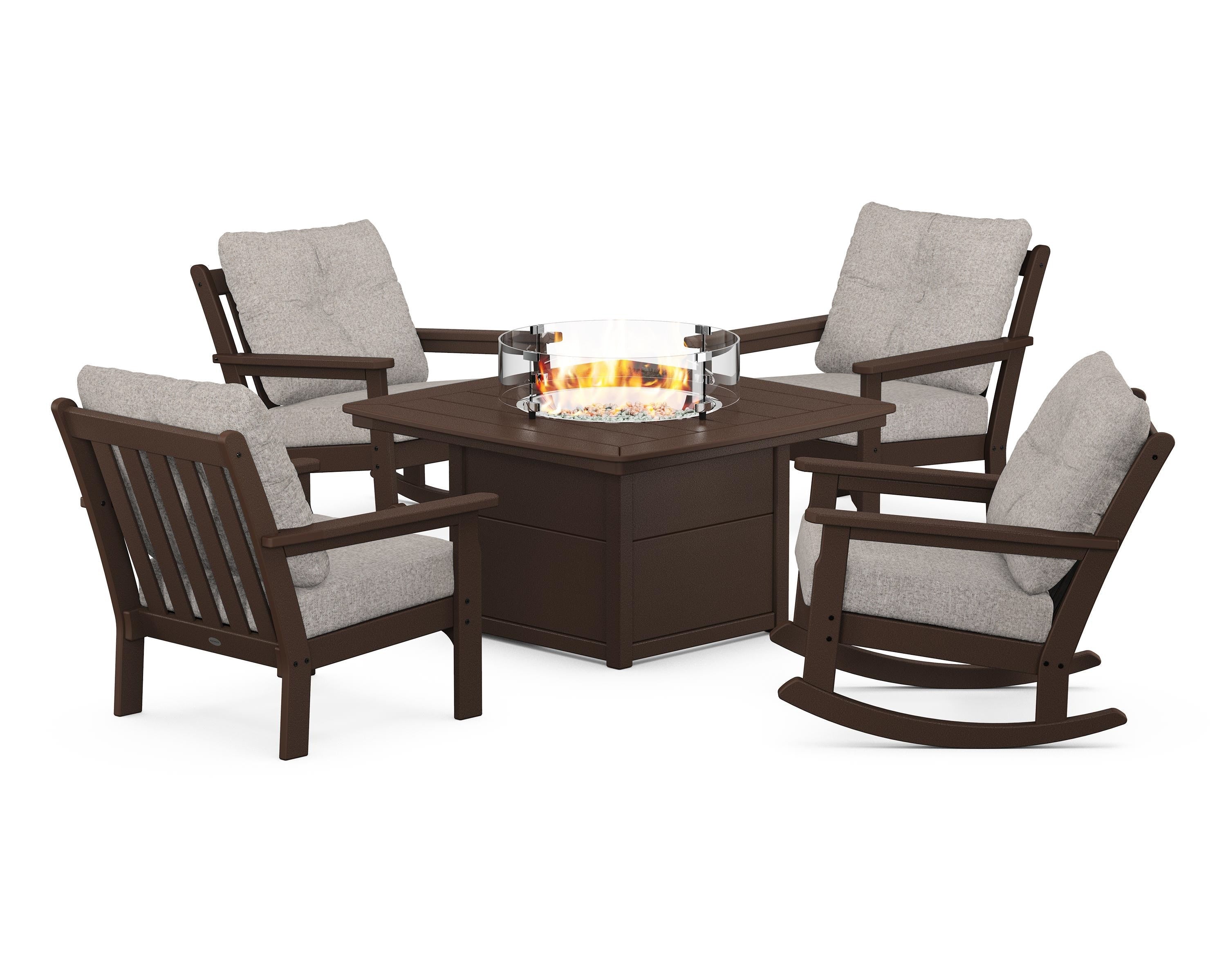 POLYWOOD Vineyard 5-Piece Deep Seating Rocking Chair Conversation Set with Fire Pit Table in Mahogany / Weathered Tweed