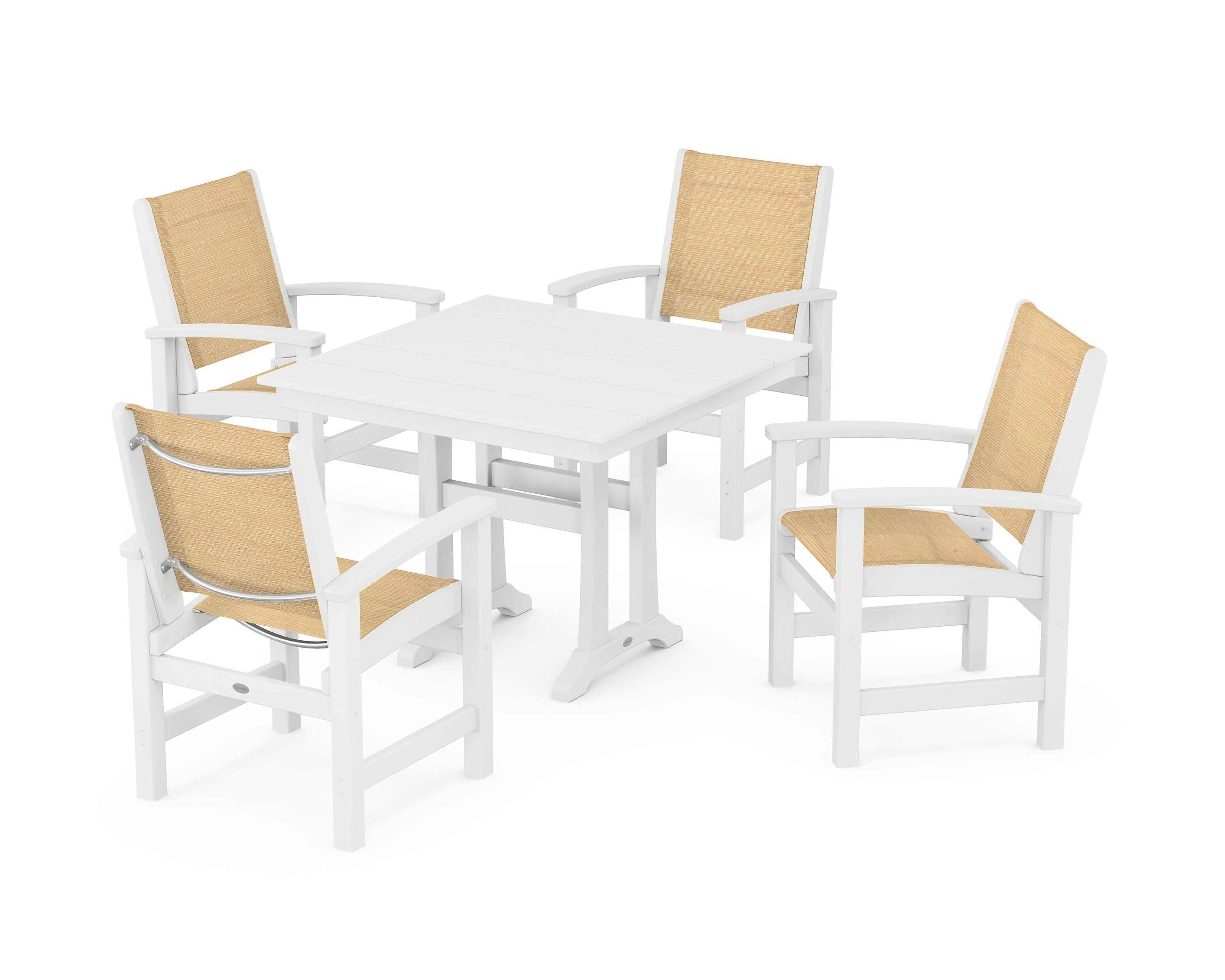 POLYWOOD Coastal 5-Piece Farmhouse Dining Set With Trestle Legs in White / Dupioni Apricot Sling