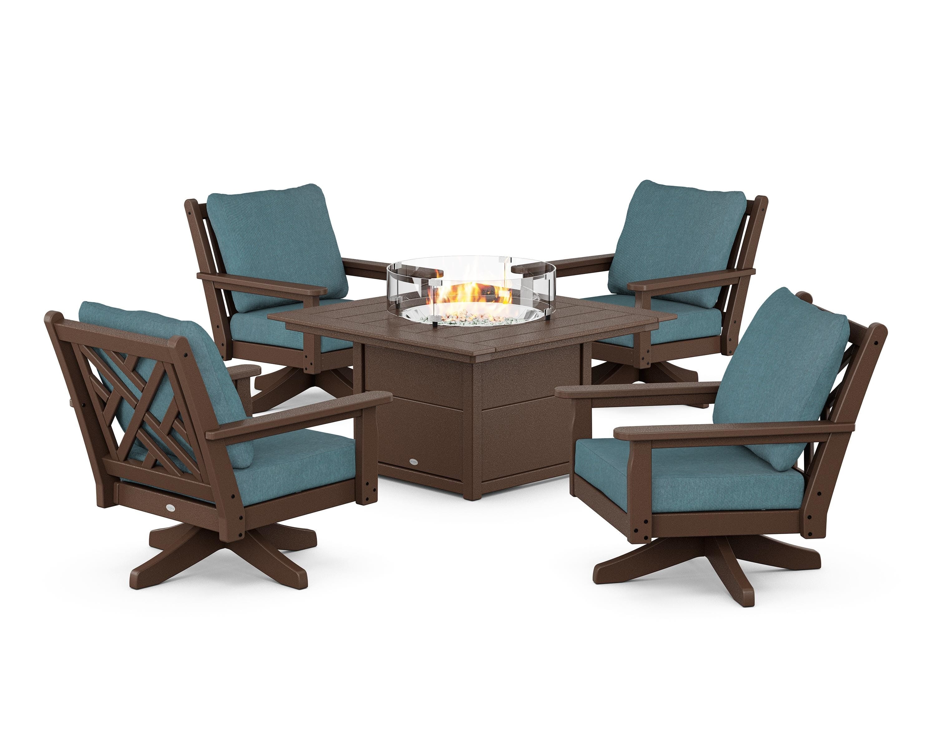 POLYWOOD Chippendale 5-Piece Deep Seating Swivel Conversation Set with Fire Pit Table in Mahogany / Ocean Teal