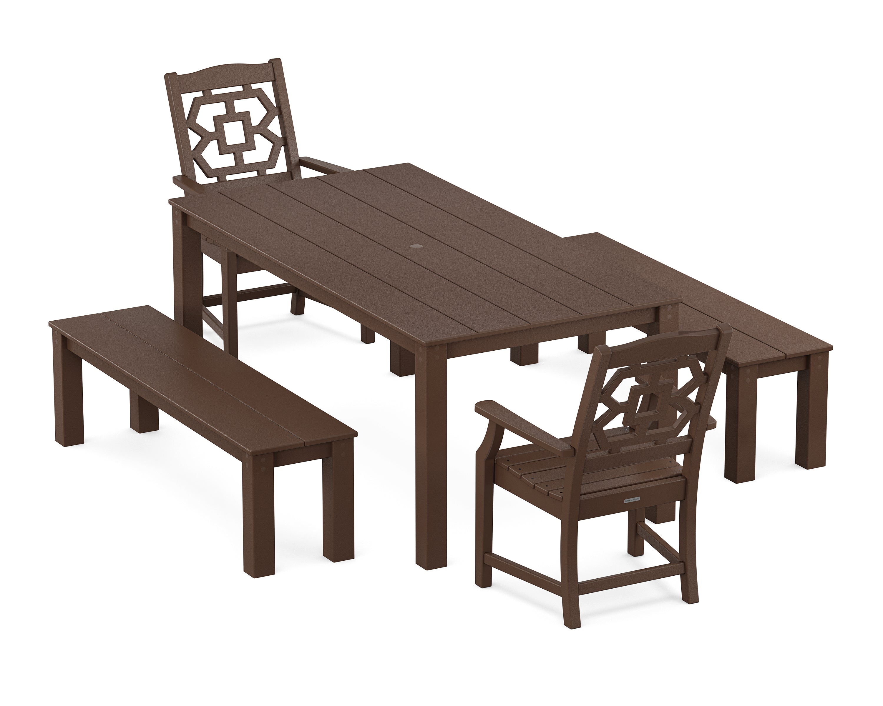 Martha Stewart by POLYWOOD Chinoiserie 5-Piece Parsons Dining Set with Benches in Mahogany