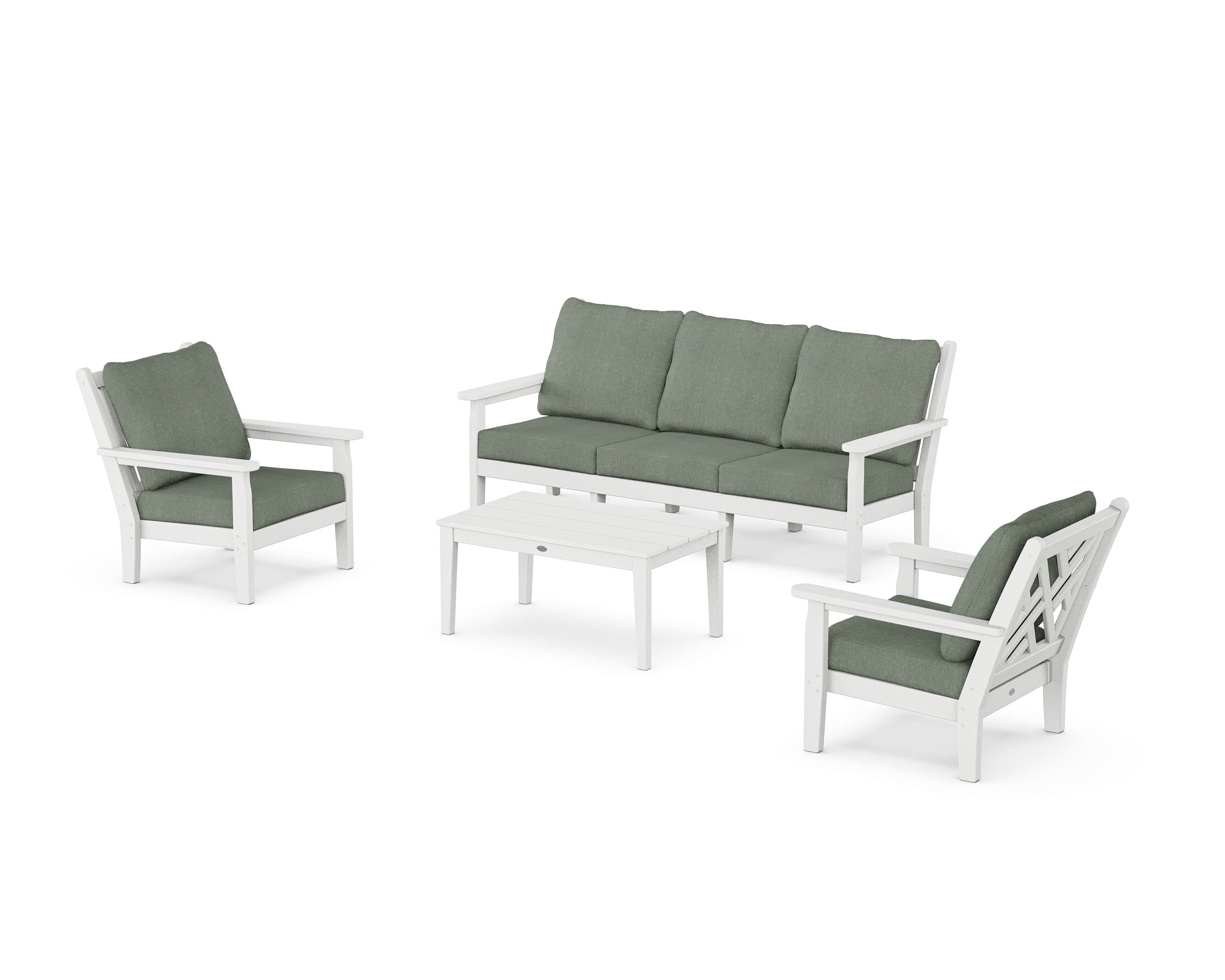 POLYWOOD Chippendale 4-Piece Deep Seating Set with Sofa in White / Cast Sage