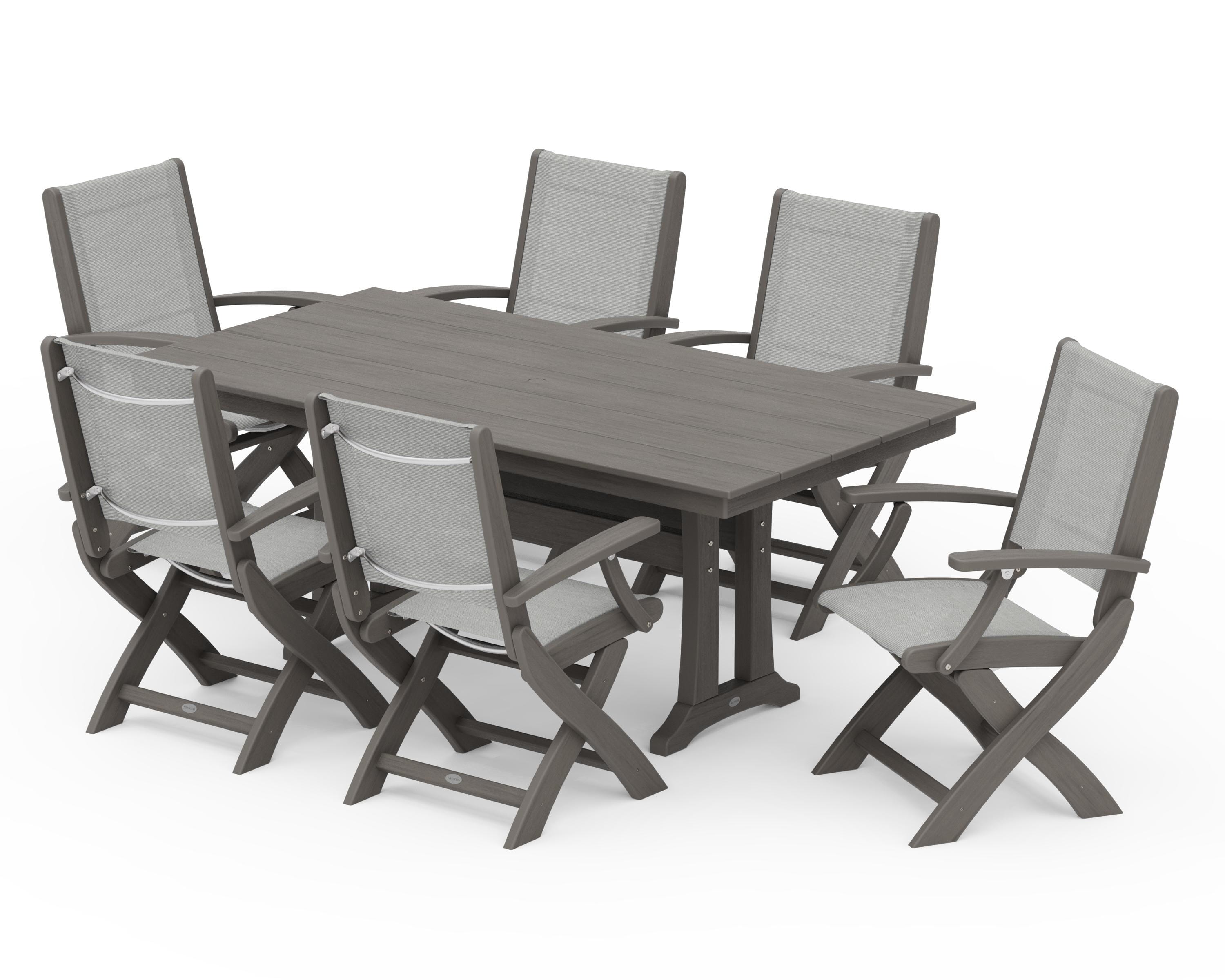 POLYWOOD Coastal Folding Arm Chair 7-Piece Farmhouse Dining Set with Trestle Legs in Driftwood / Metallic Sling
