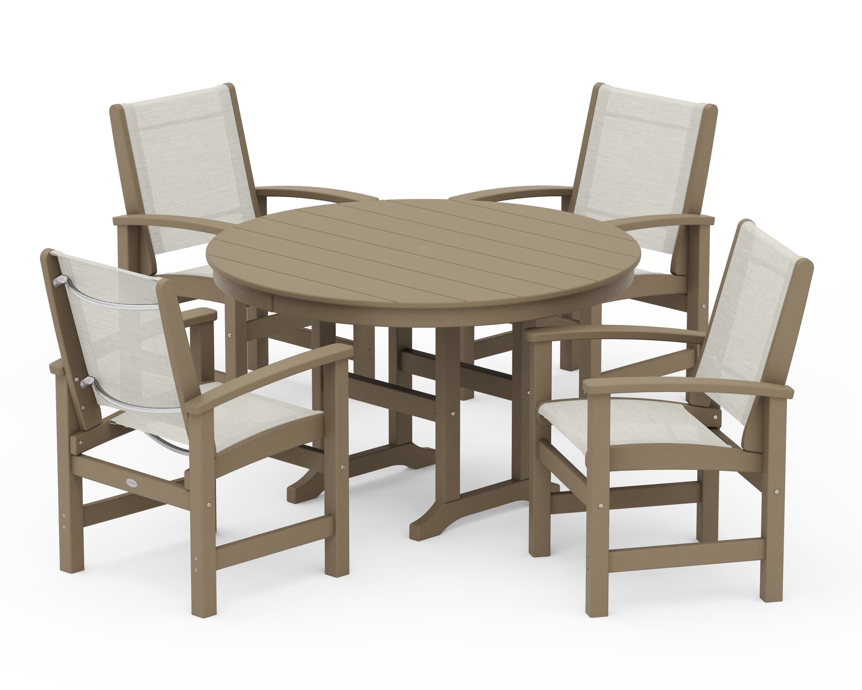 POLYWOOD Coastal 5-Piece Round Farmhouse Dining Set in Vintage Sahara / Parchment Sling