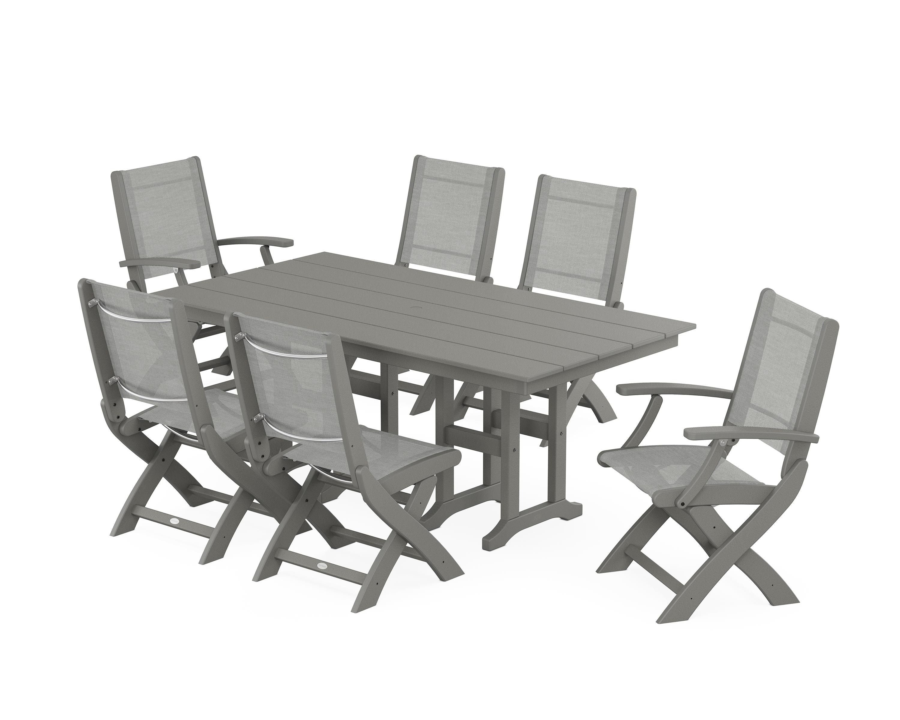 POLYWOOD Coastal Folding Chair 7-Piece Farmhouse Dining Set in Slate Grey / Metallic Sling
