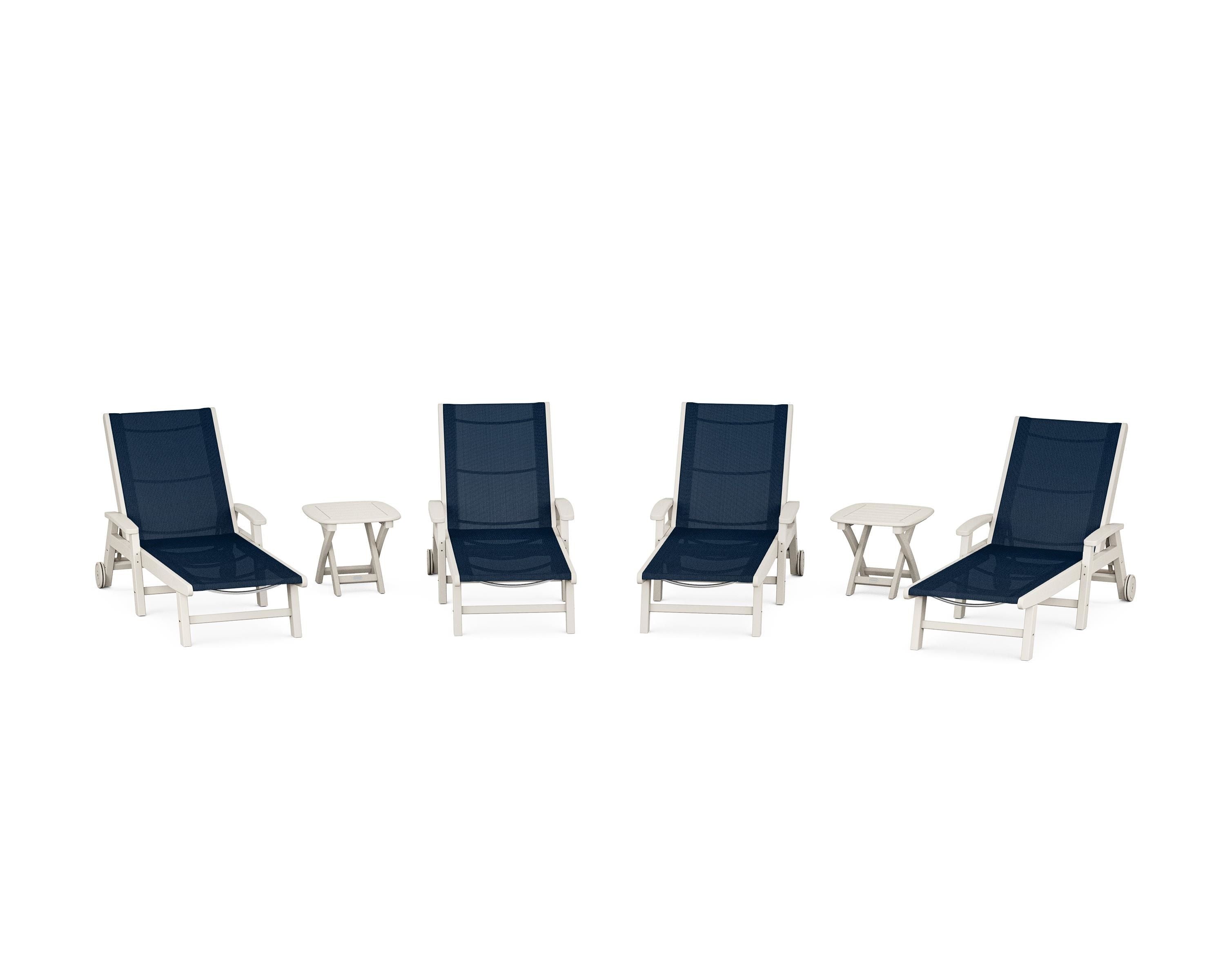 POLYWOOD Coastal Chaise 6-Piece Set with Wheels in Sand / Navy Blue Sling