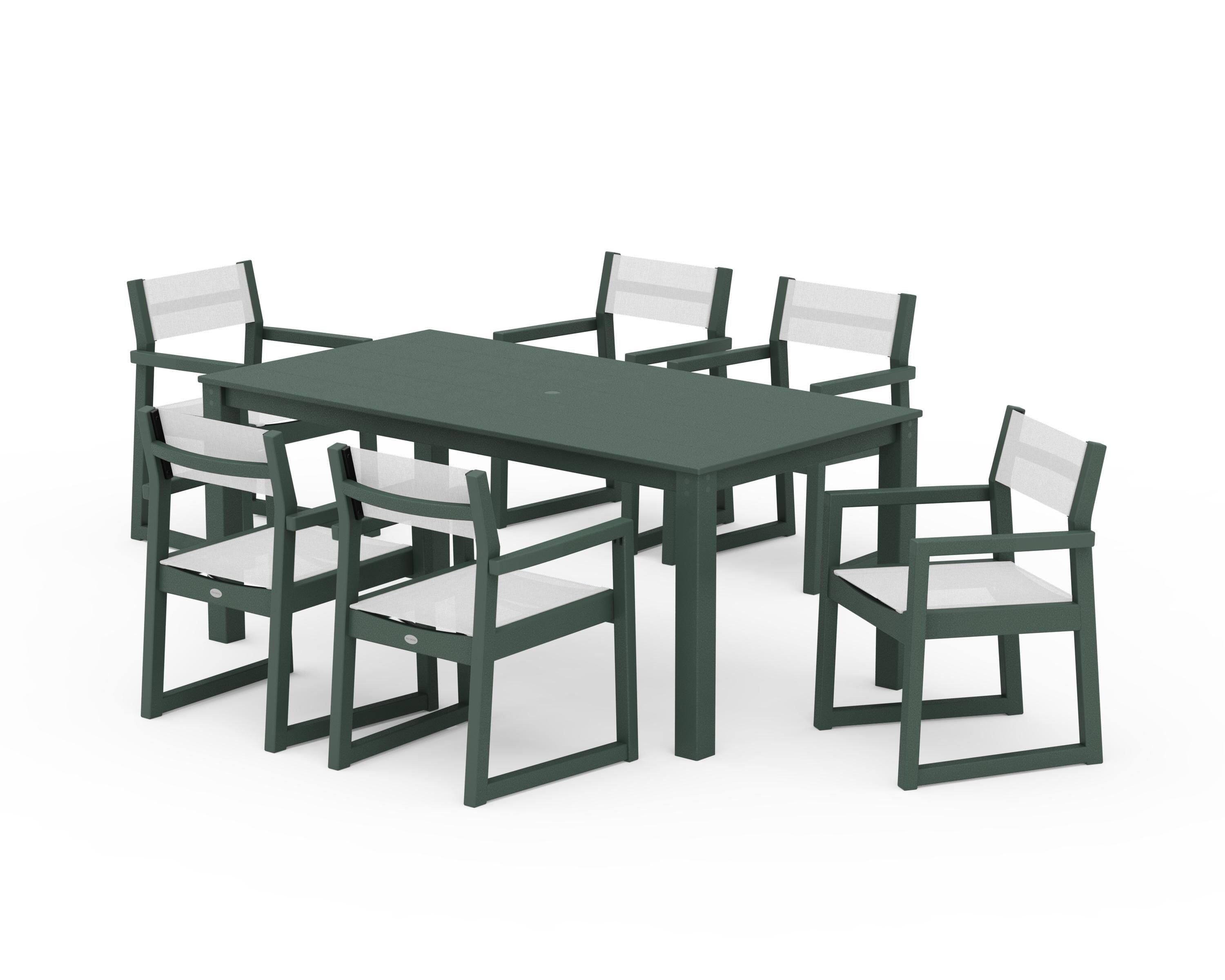 POLYWOOD EDGE Sling Arm Chair 7-Piece Parsons Dining Set in Green / White Sling