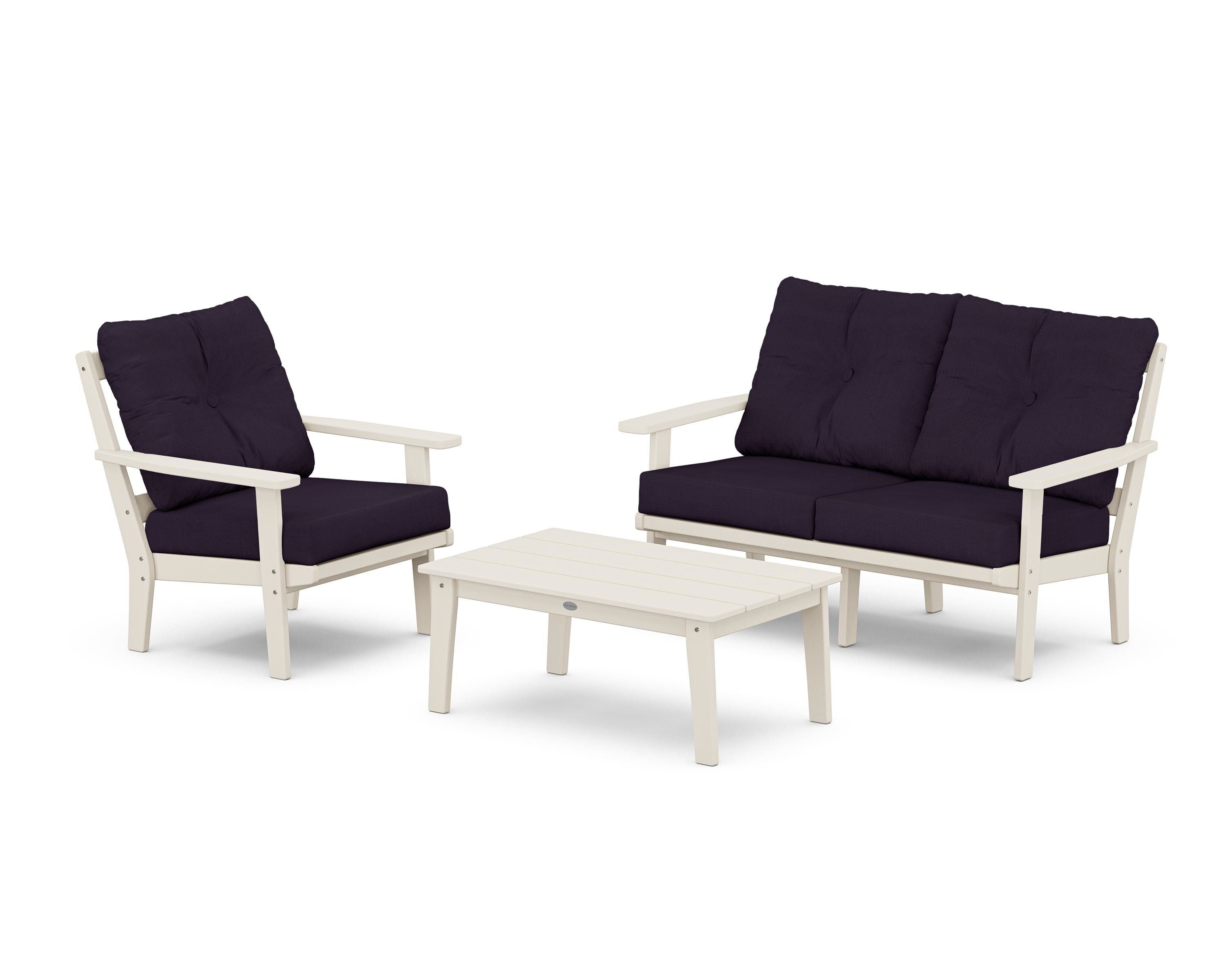 POLYWOOD Oxford 3-Piece Deep Seating Set with Loveseat in Sand / Navy Linen