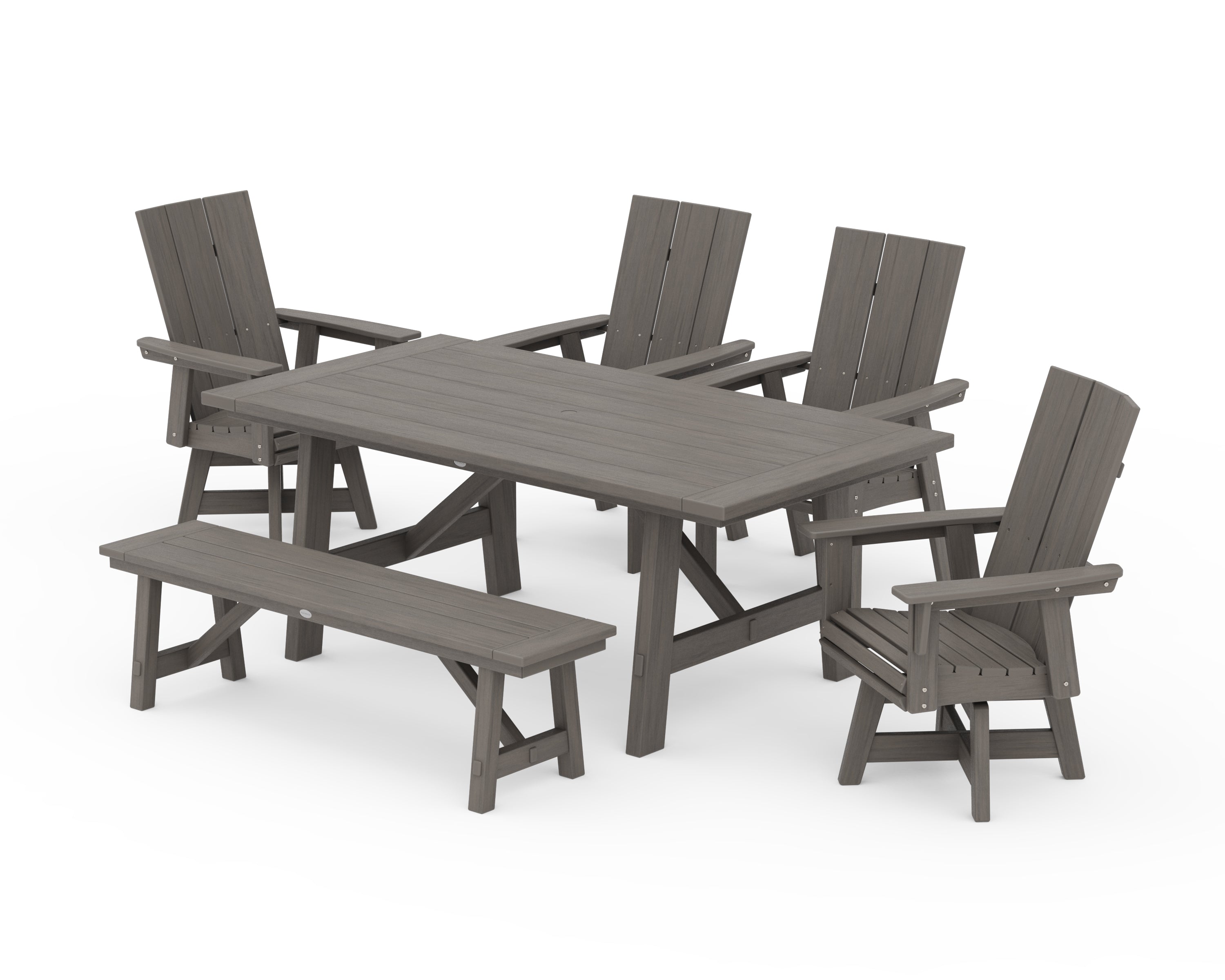POLYWOOD Modern Curveback Adirondack Swivel Chair 6-Piece Rustic Farmhouse Dining Set with Bench in Driftwood