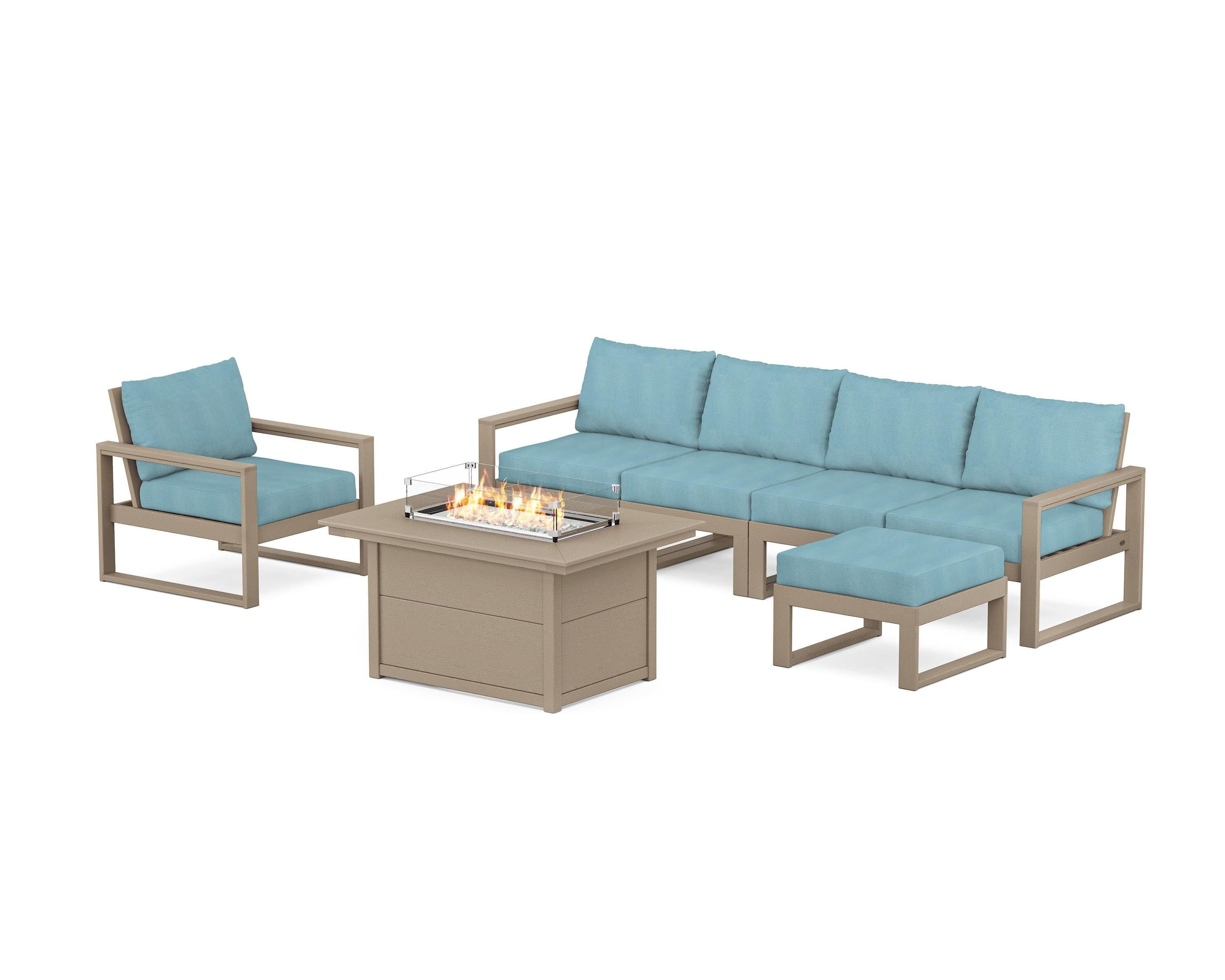 POLYWOOD EDGE Sectional Lounge and Fire Pit Set in Vintage Sahara / Lattice Sky Blue