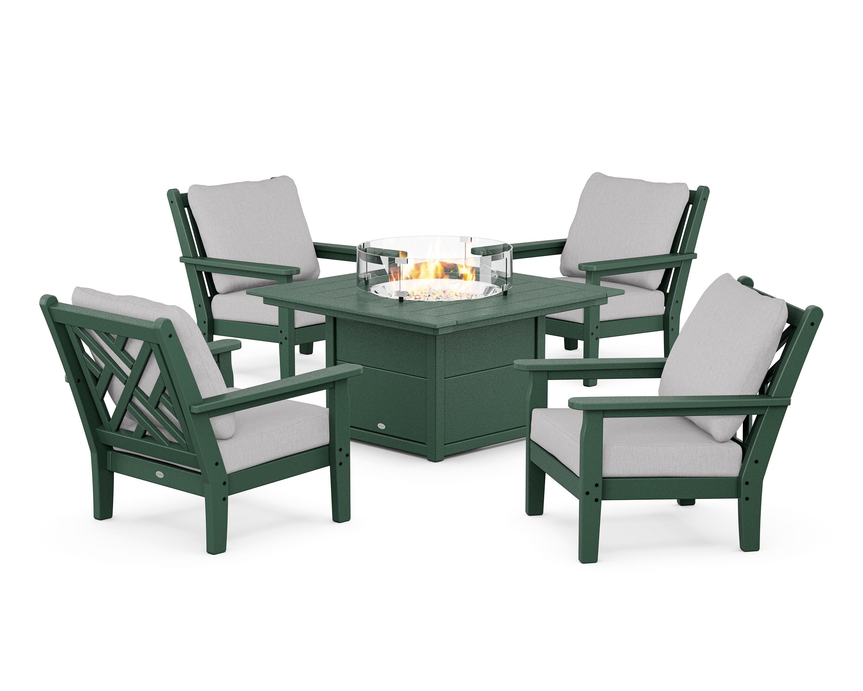 POLYWOOD Chippendale 5-Piece Deep Seating Set with Fire Pit Table in Green / Granite