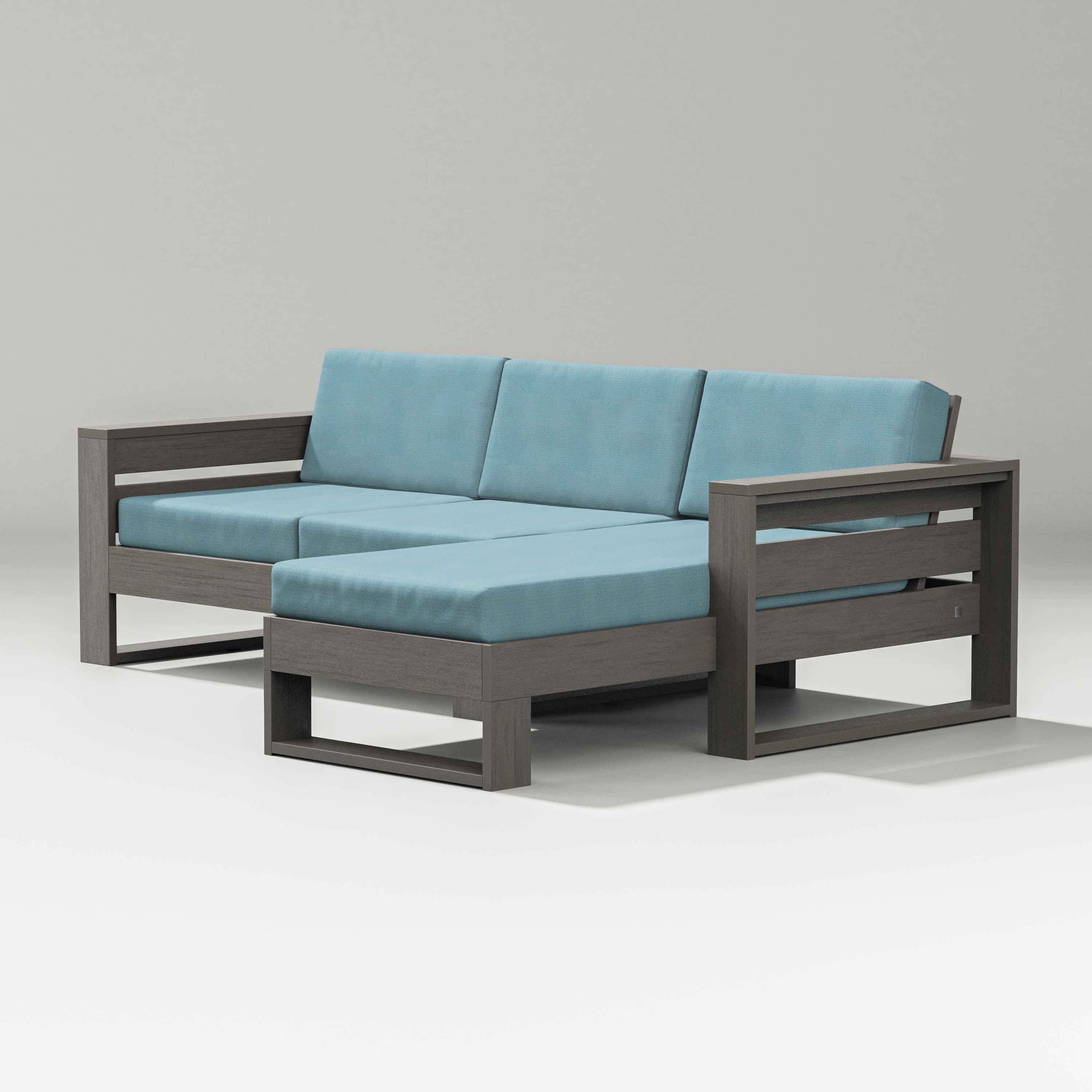 PW Designer Series Latitude Right Chaise Sectional in Driftwood / Lattice Sky Blue