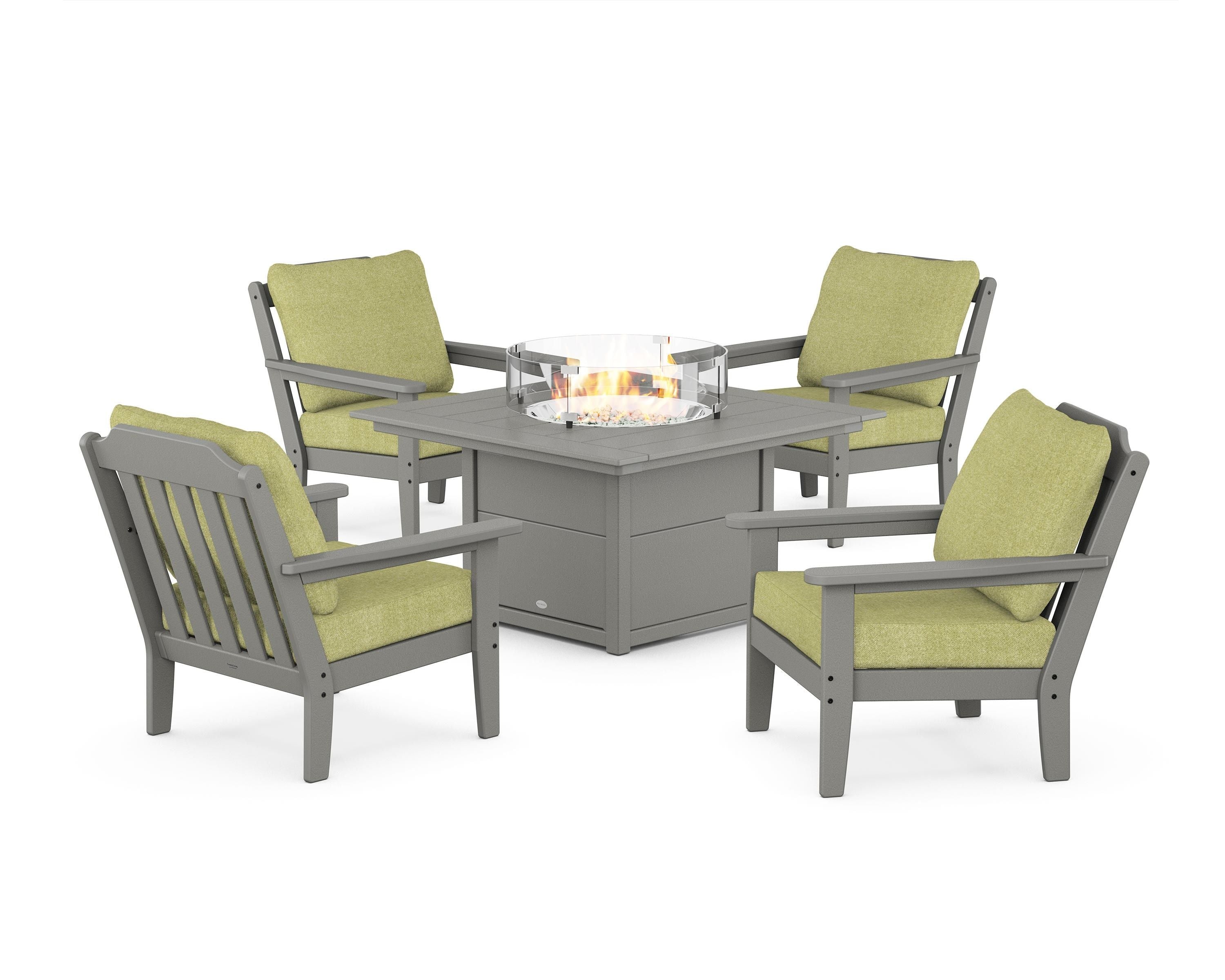 Country Living Cottage 5-Piece Deep Seating Set with Fire Pit Table in Slate Grey / Chartreuse Boucle