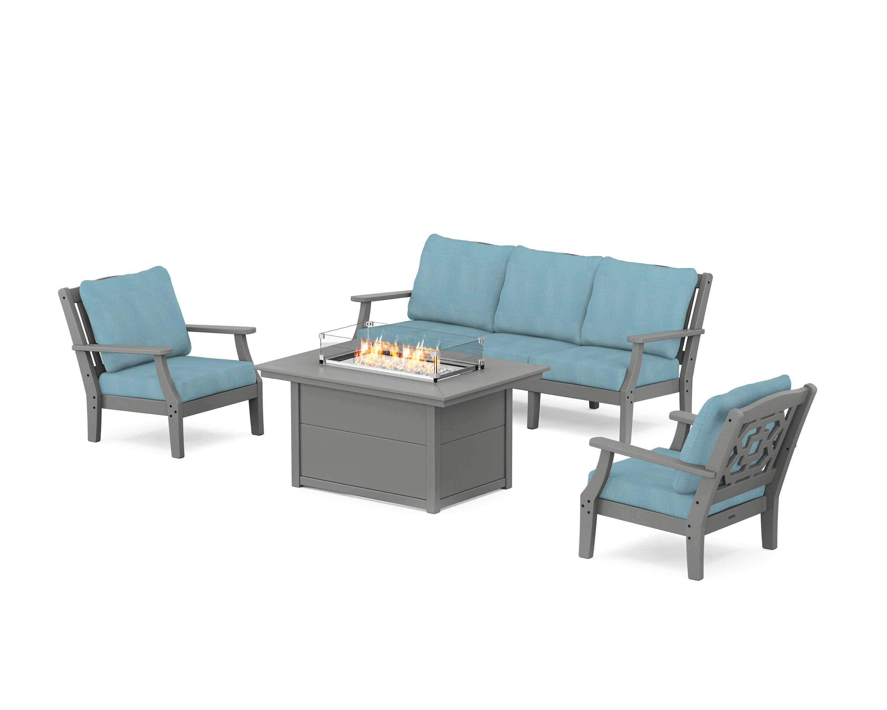 Martha Stewart by POLYWOOD Chinoiserie Deep Seating Fire Pit Table Set in Slate Grey / Lattice Sky Blue