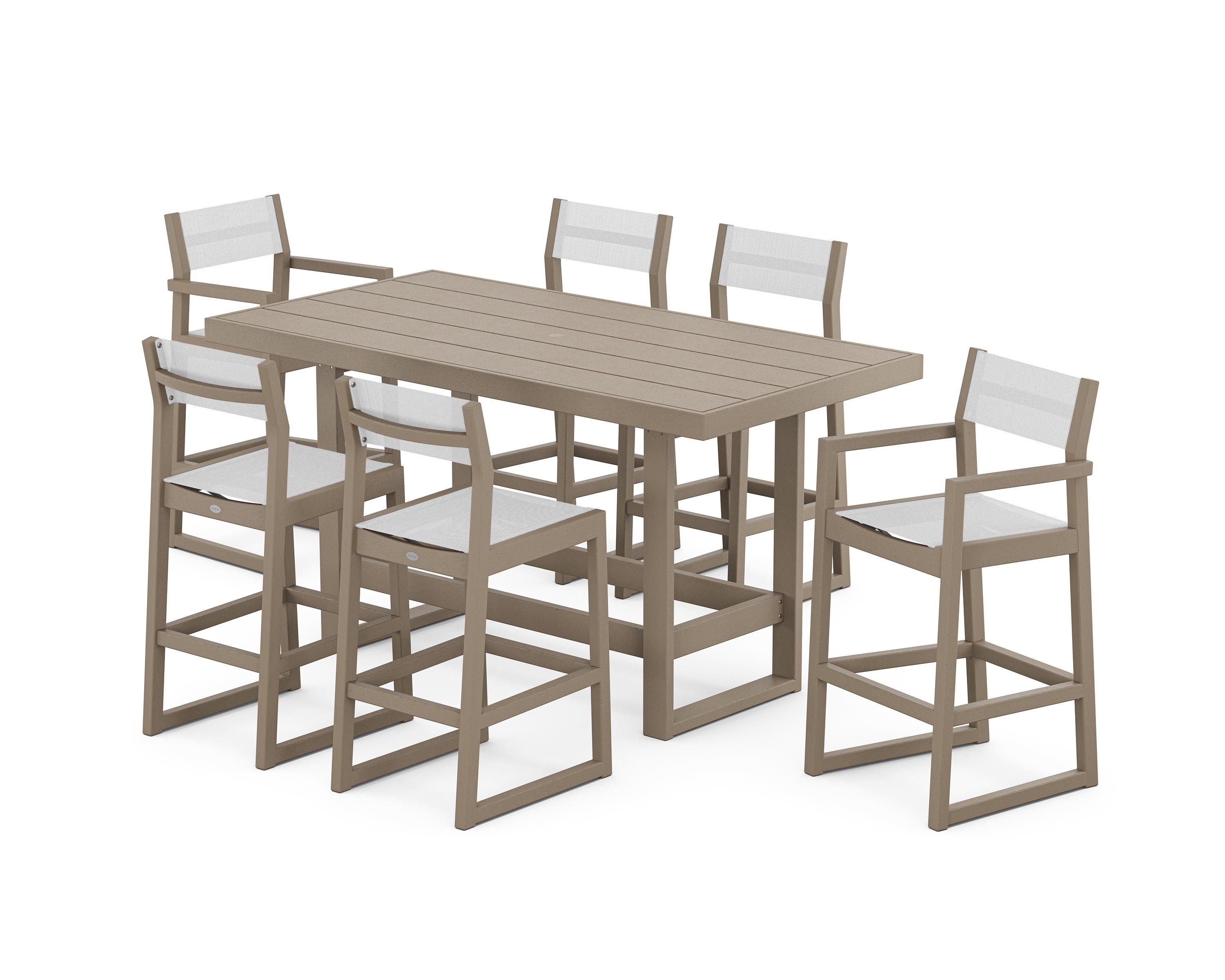 POLYWOOD EDGE Sling 7-Piece Bar Table Set in Vintage Sahara / White Sling