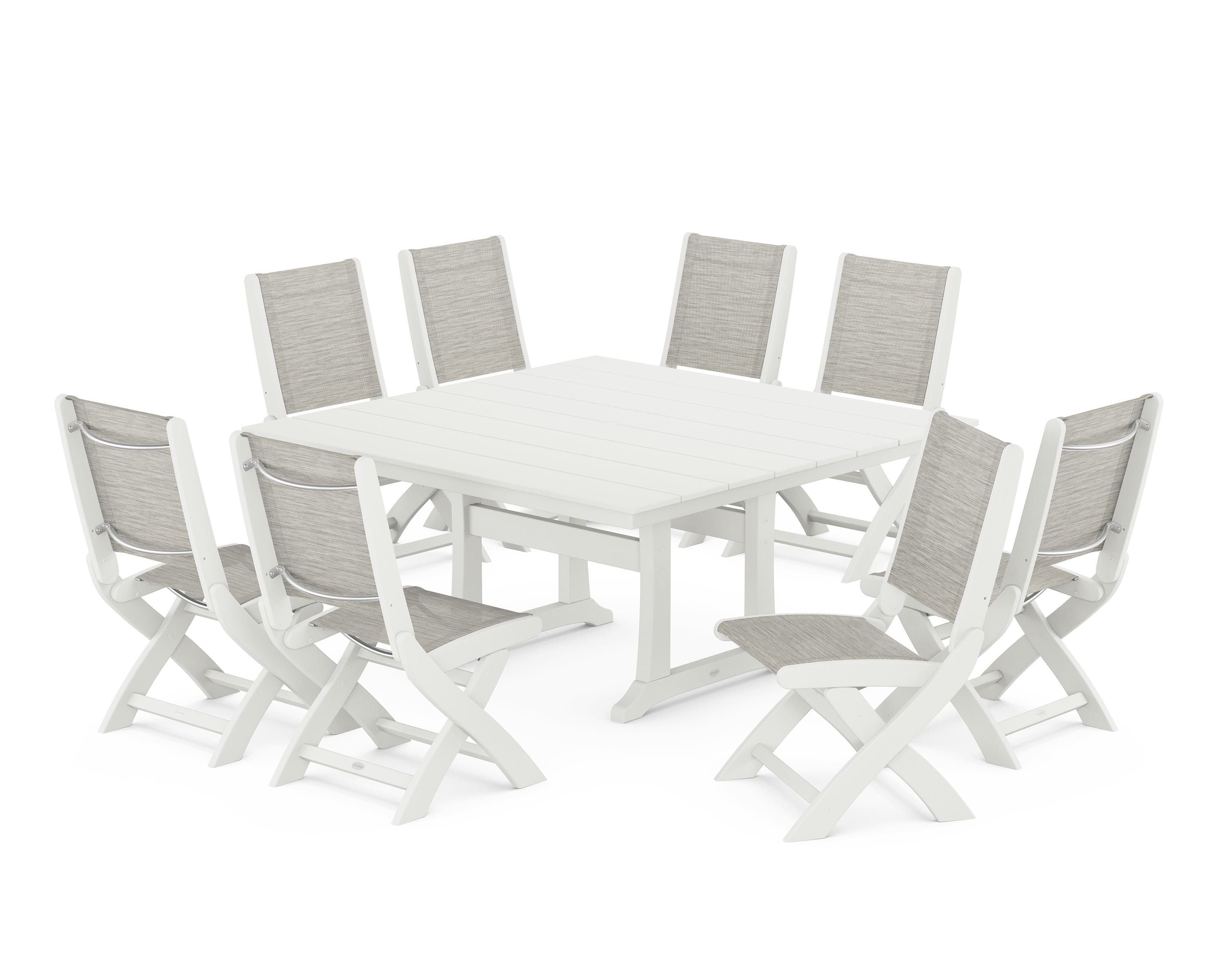 POLYWOOD Coastal Folding Side Chair 9-Piece Farmhouse Dining Set in Vintage White / Birch Sling